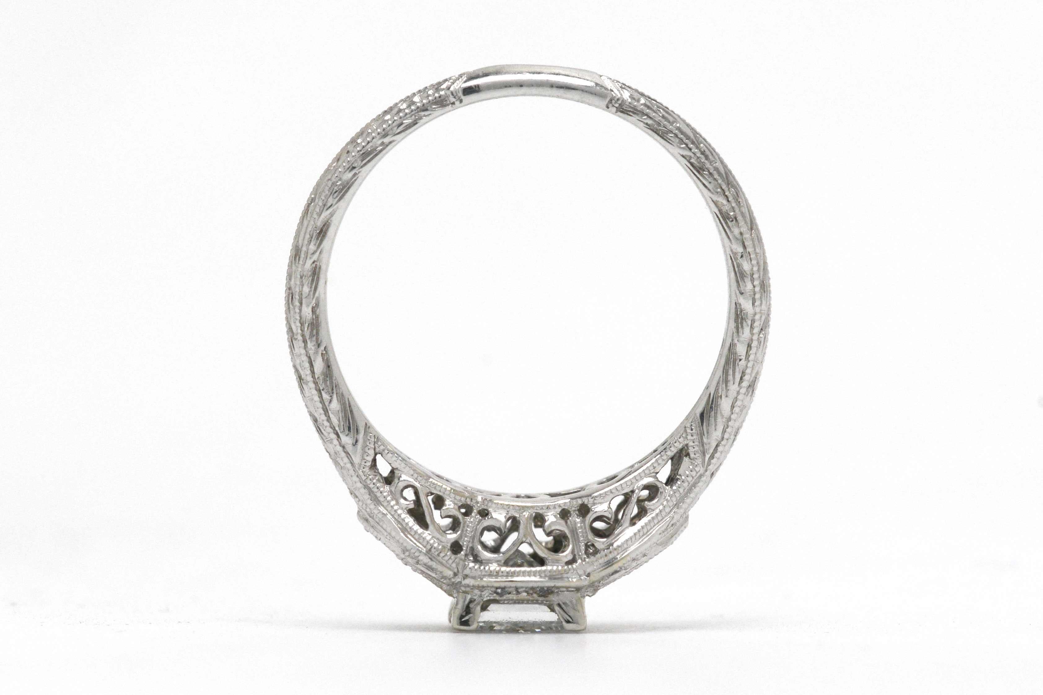Princess Cut Diamond Art Deco Revival White Gold Engagement Ring Engraved Band 1