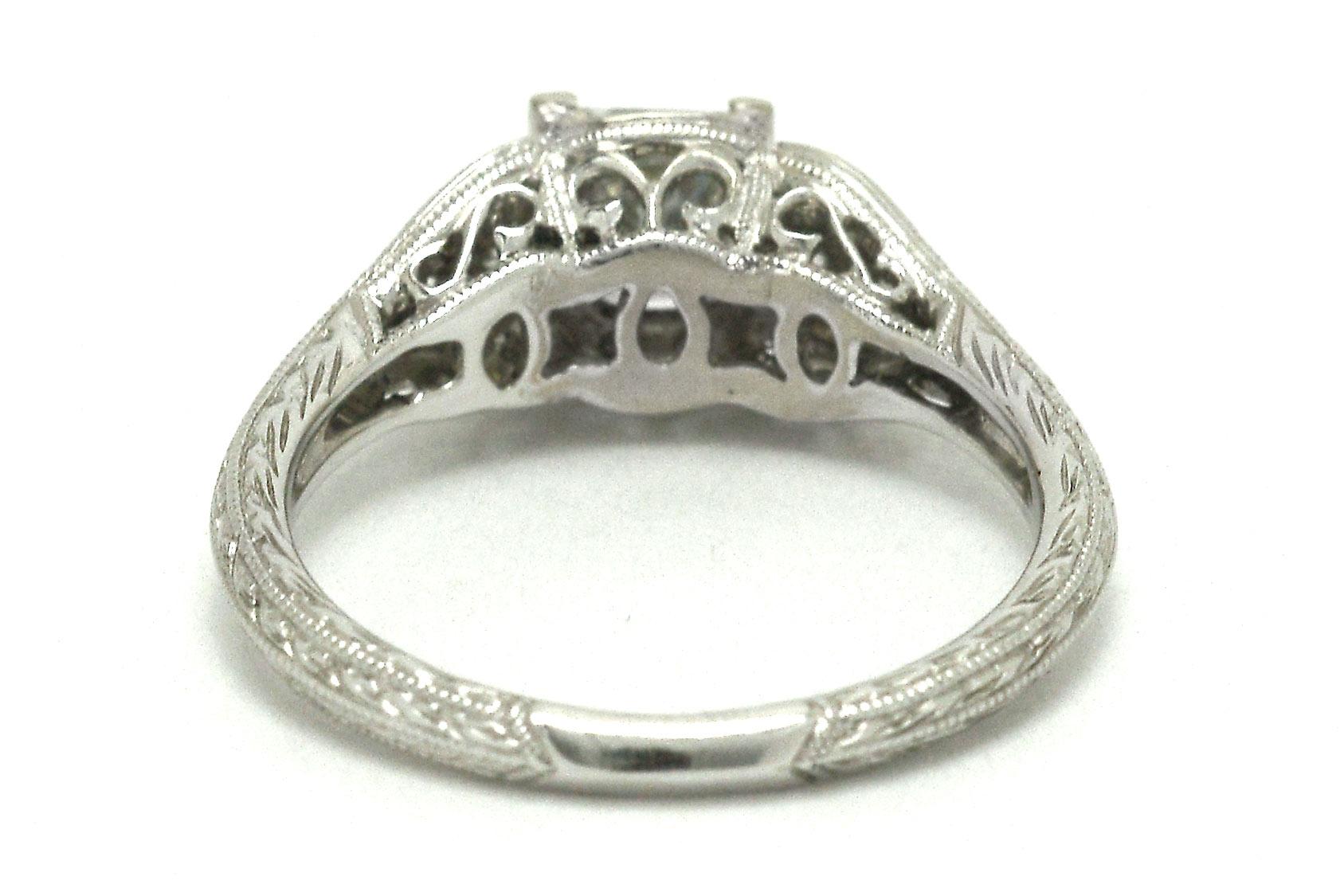 Princess Cut Diamond Art Deco Revival White Gold Engagement Ring Engraved Band 2