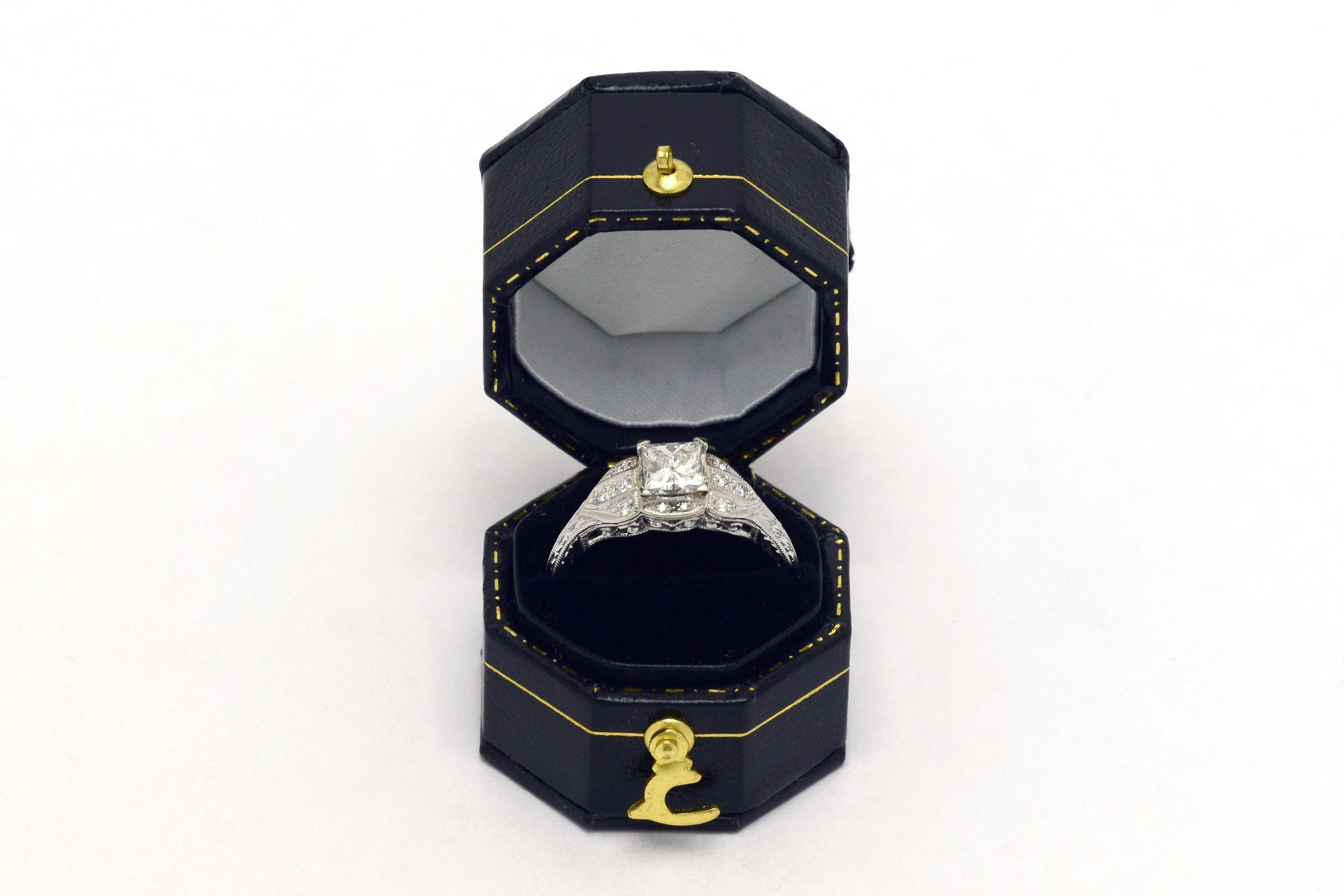 Princess Cut Diamond Art Deco Revival White Gold Engagement Ring Engraved Band 3