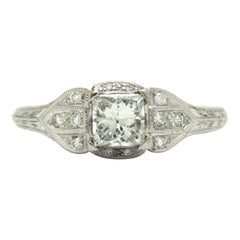 Princess Cut Diamond Art Deco Revival White Gold Engagement Ring Engraved Band