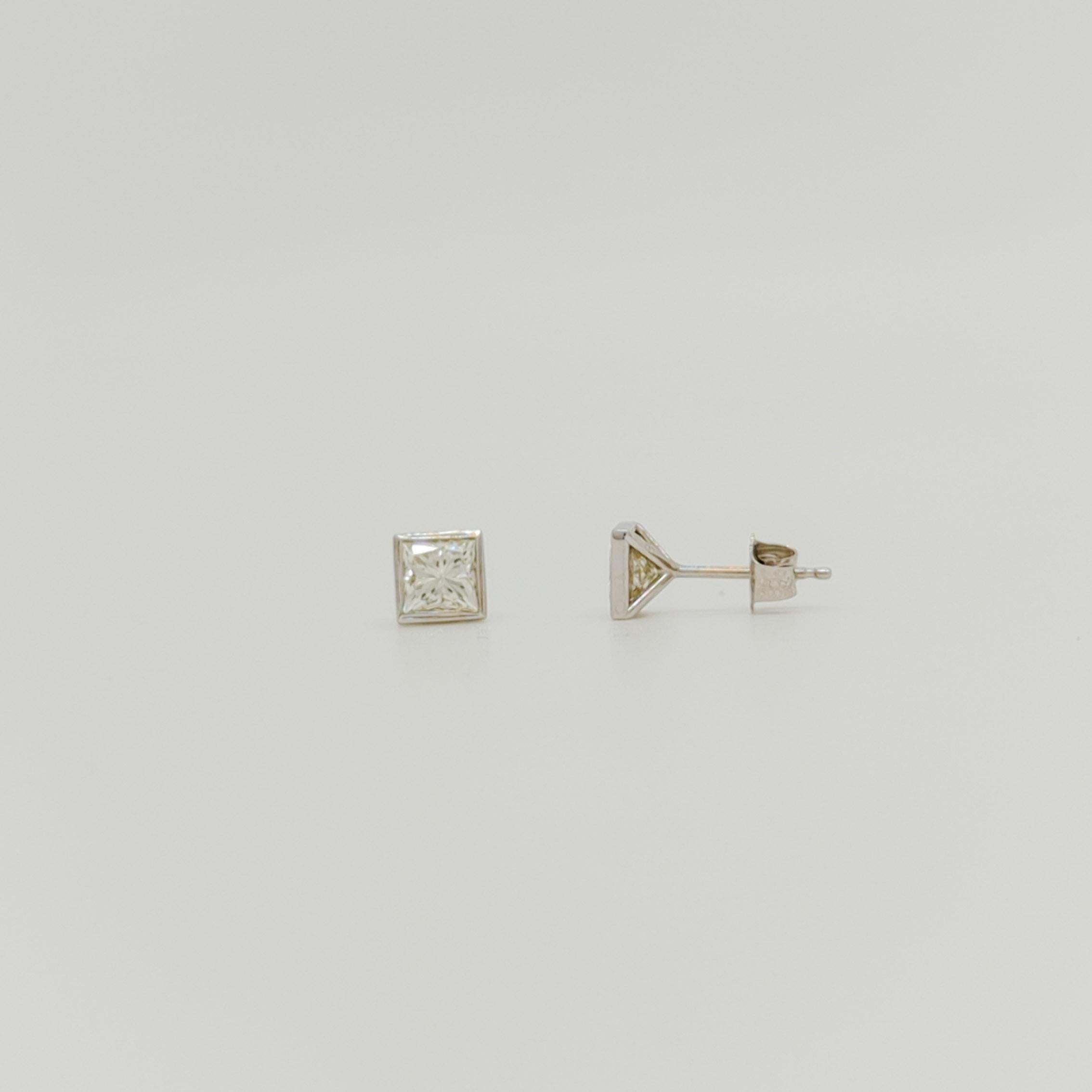 Women's or Men's Princess Cut Diamond Bezel Stud Earrings in 14K White Gold