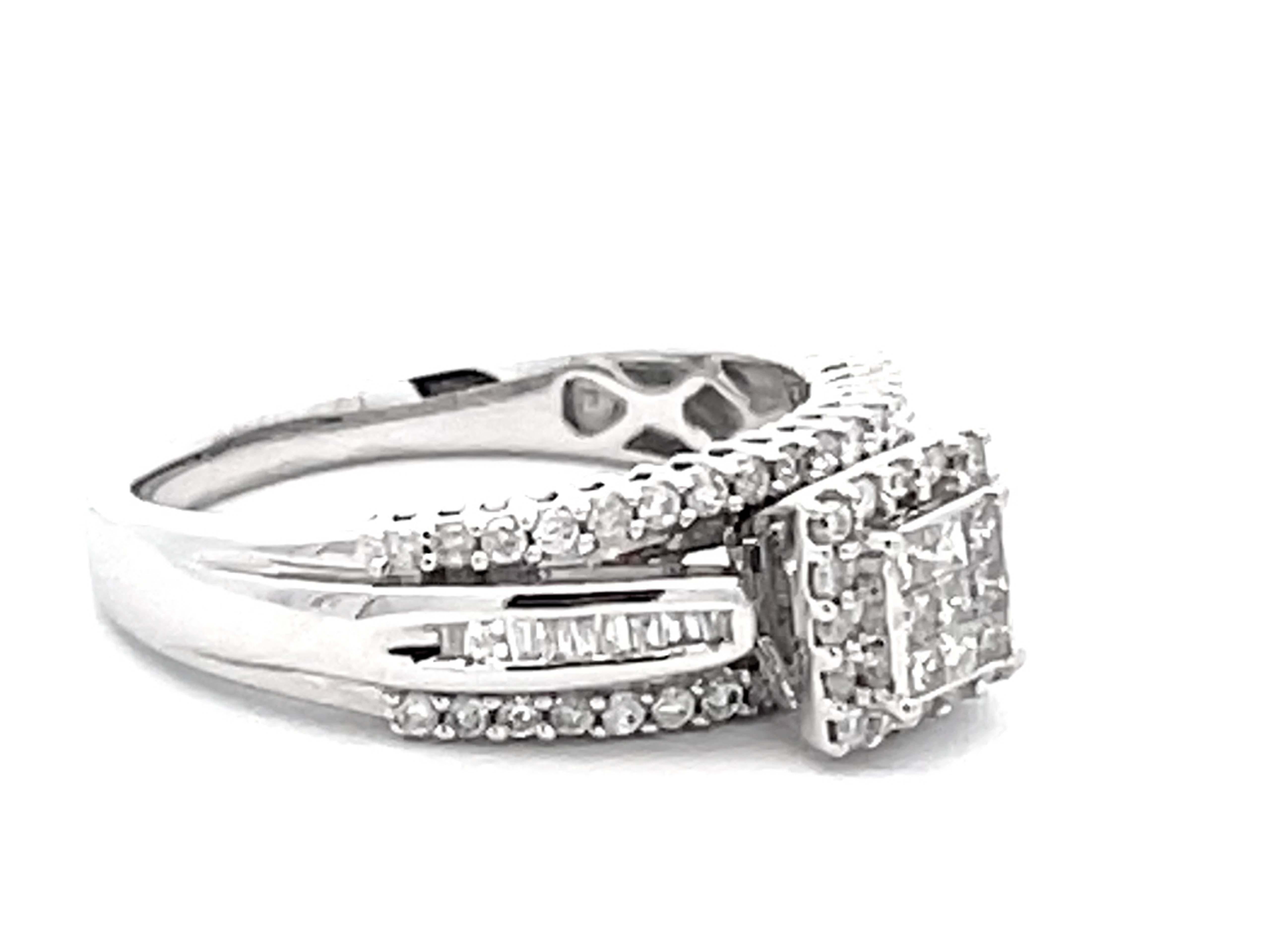 Modern Princess Cut Diamond Cluster Center Engagement Ring 14k White Gold For Sale