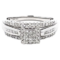 Vintage Princess Cut Diamond Cluster Center Engagement Ring 14k White Gold