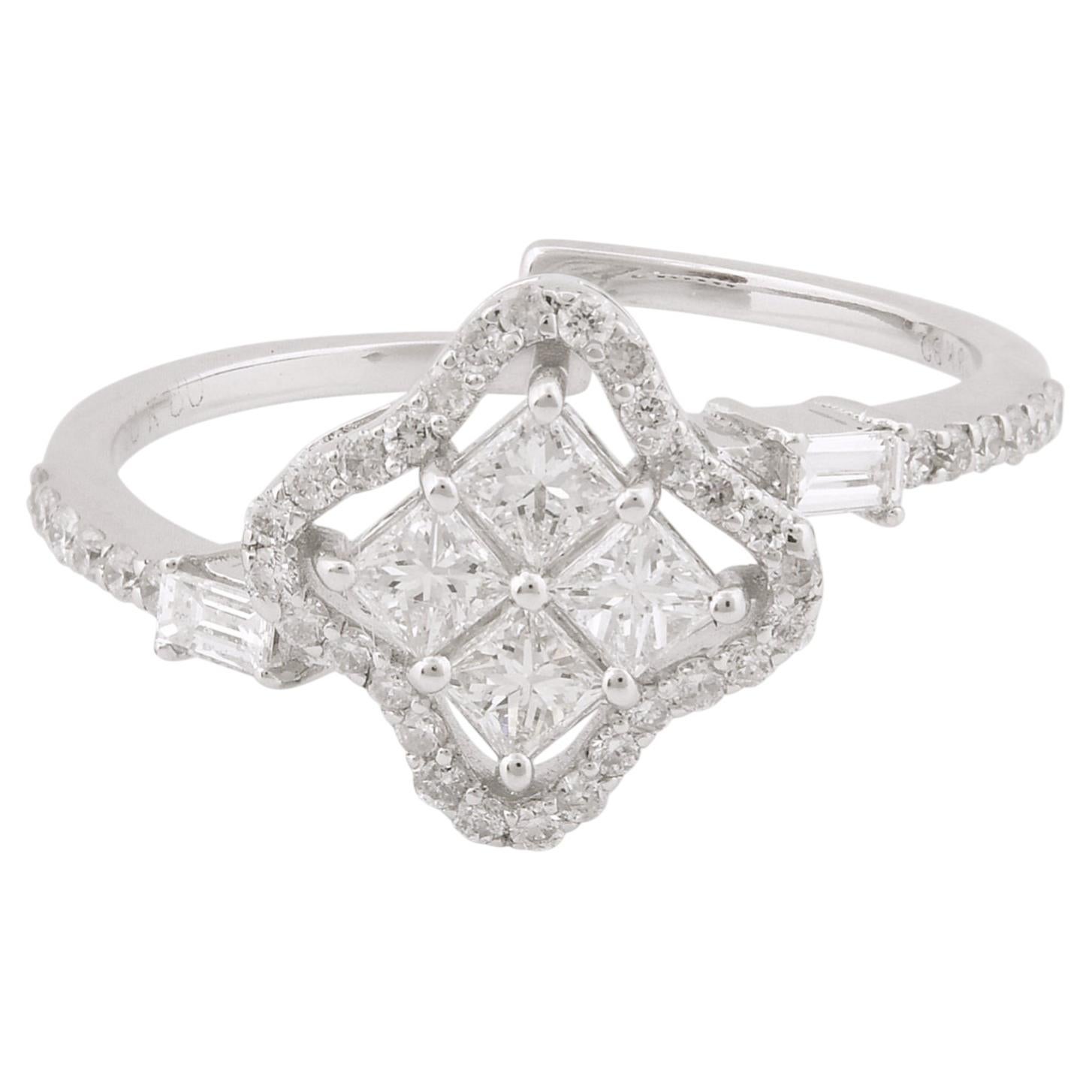 For Sale:  Princess Cut SI/H Diamond Cluster Clover Flower Ring 14 Karat White Gold