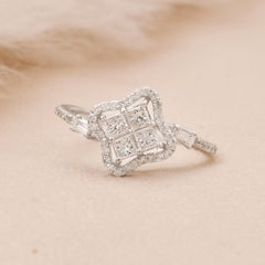 Natural Princess Cut Diamond Cluster Clover Flower Ring 18 Karat White Gold
