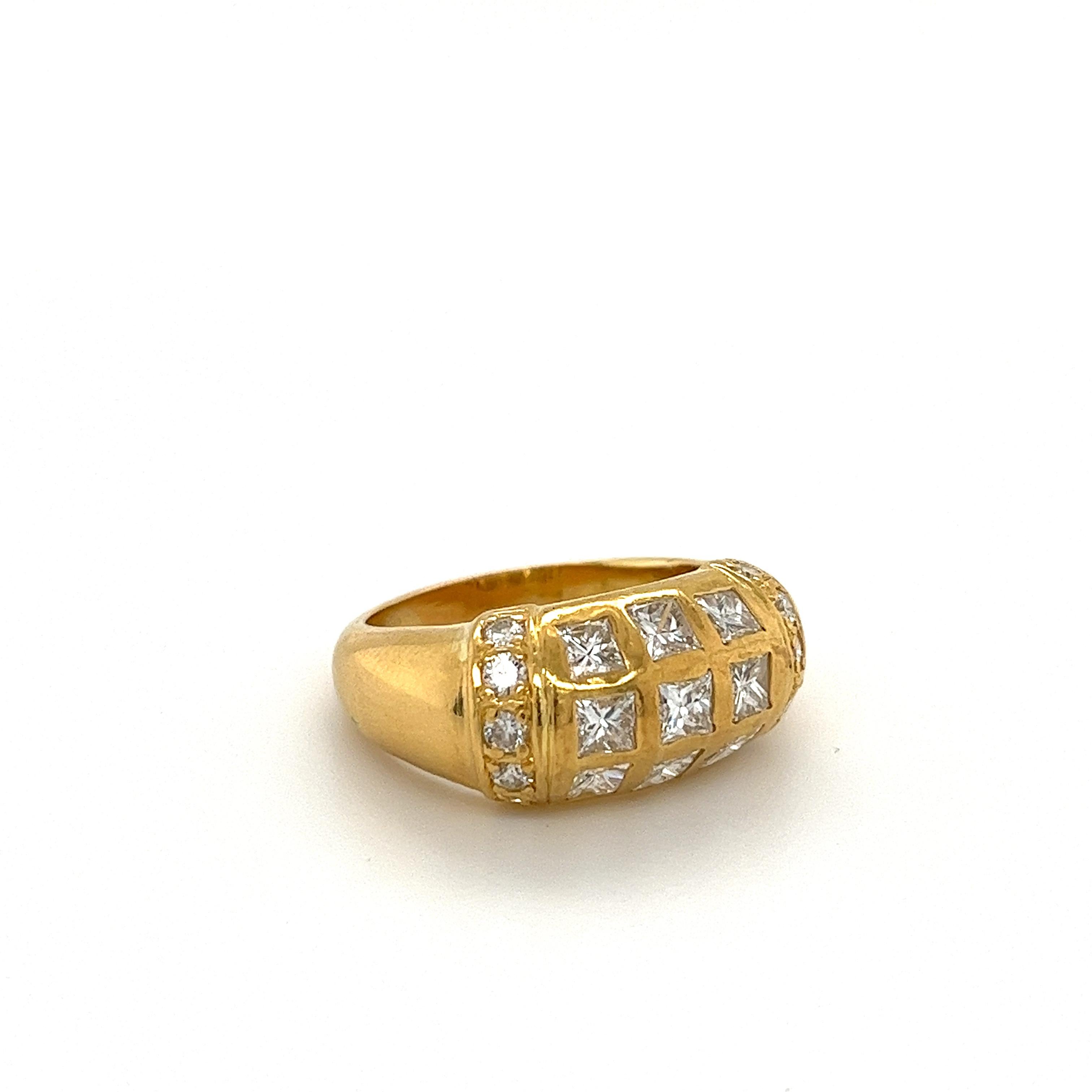 Princess cut natural diamond cluster dome ring in 18k solid yellow gold. Featuring 9 princess cut diamonds and 10 round brilliant cut diamonds of white,  eye-clean quality. 

Ideal as a ladies cocktail ring and men's pinky ring. 

Ring Details:
✔