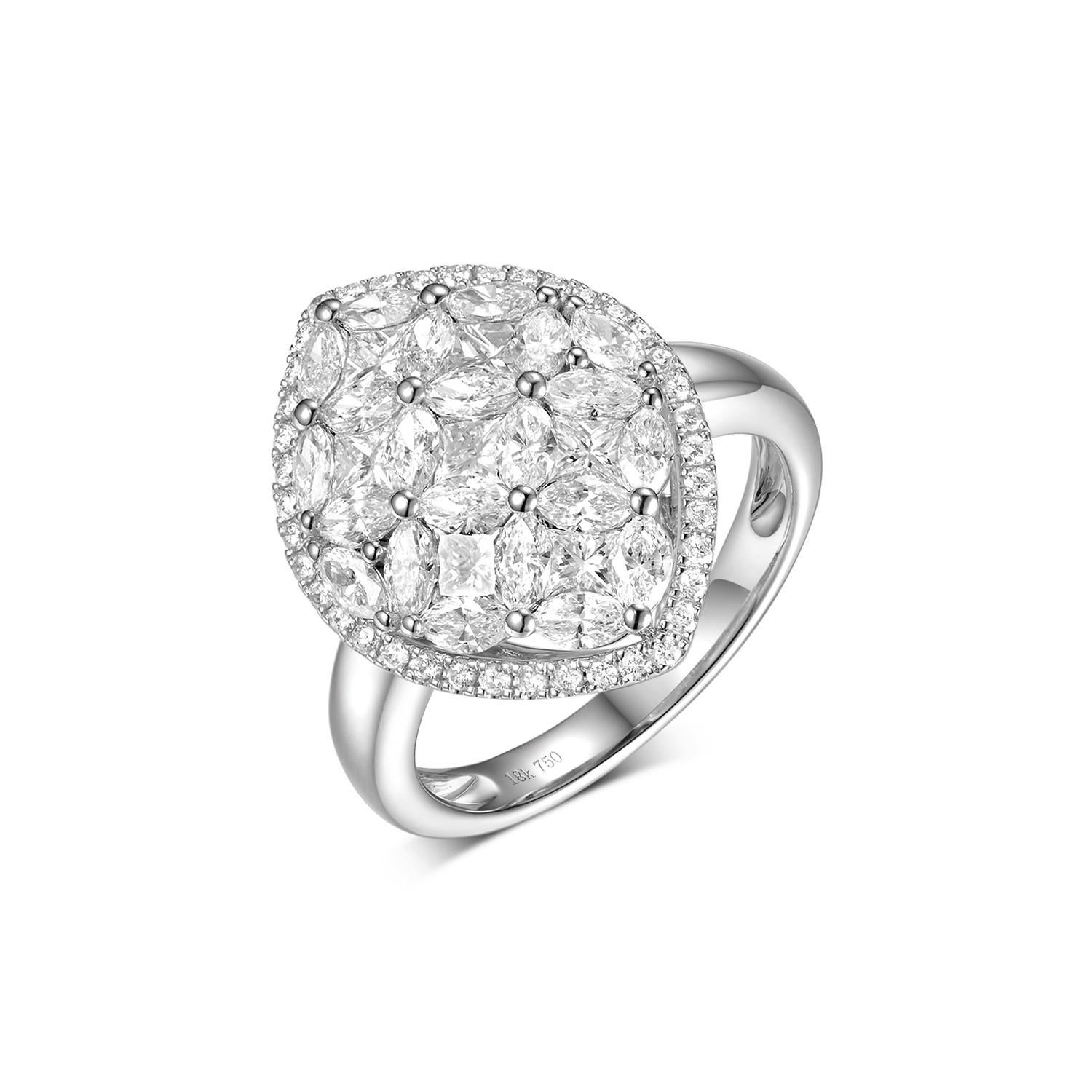 This ring features 7 princess cut diamonds weight 0.67 carat; 22 pear cut diamonds weight 1.19 carat.  White round diamonds weight 0.24 carat in total. Ring is set in 18 karat white gold.

US 6.5
Resizing is available
Princess Cut Diamonds 0.67