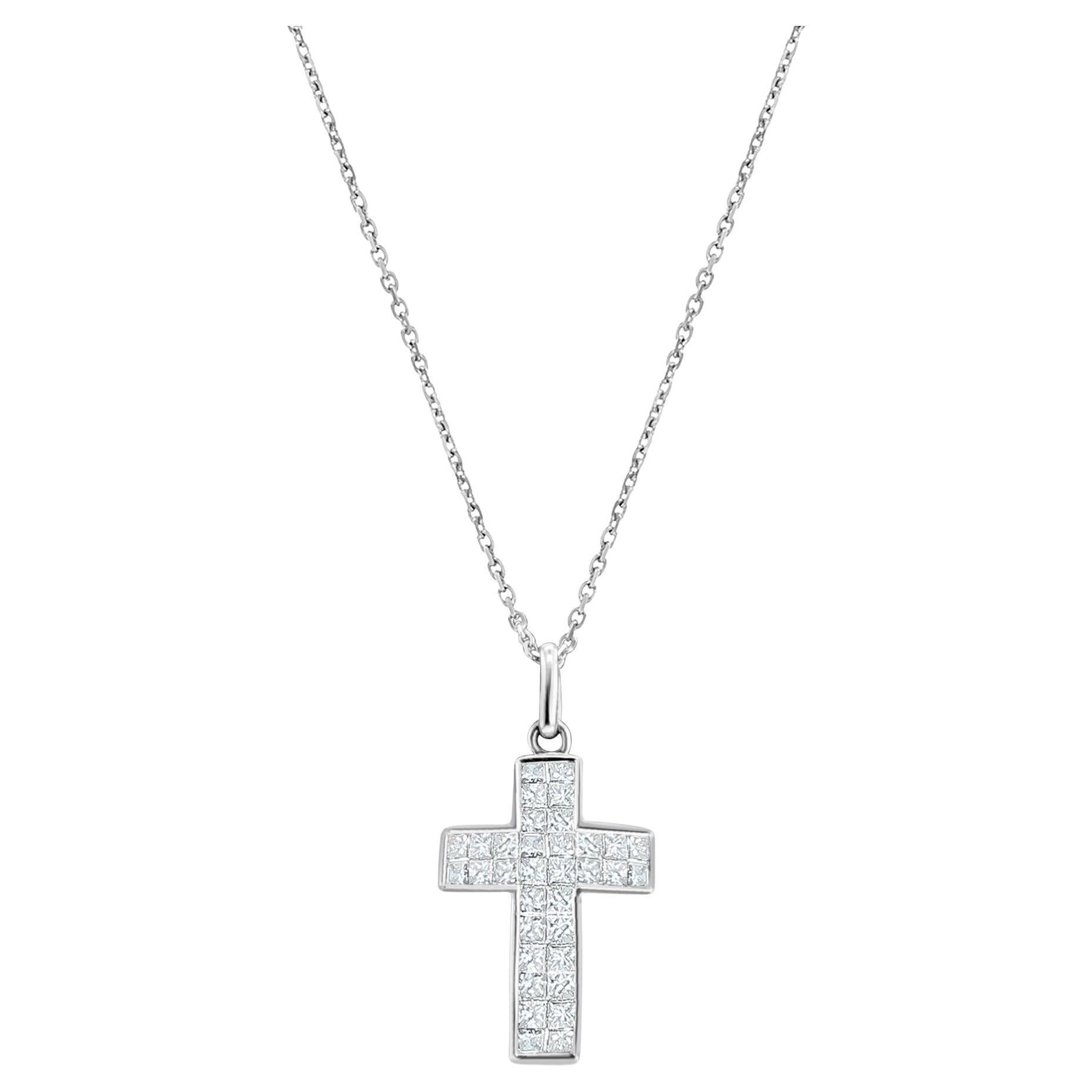 Princess Cut Diamond Cross Pendant 1.07cttw 14k White Gold For Sale