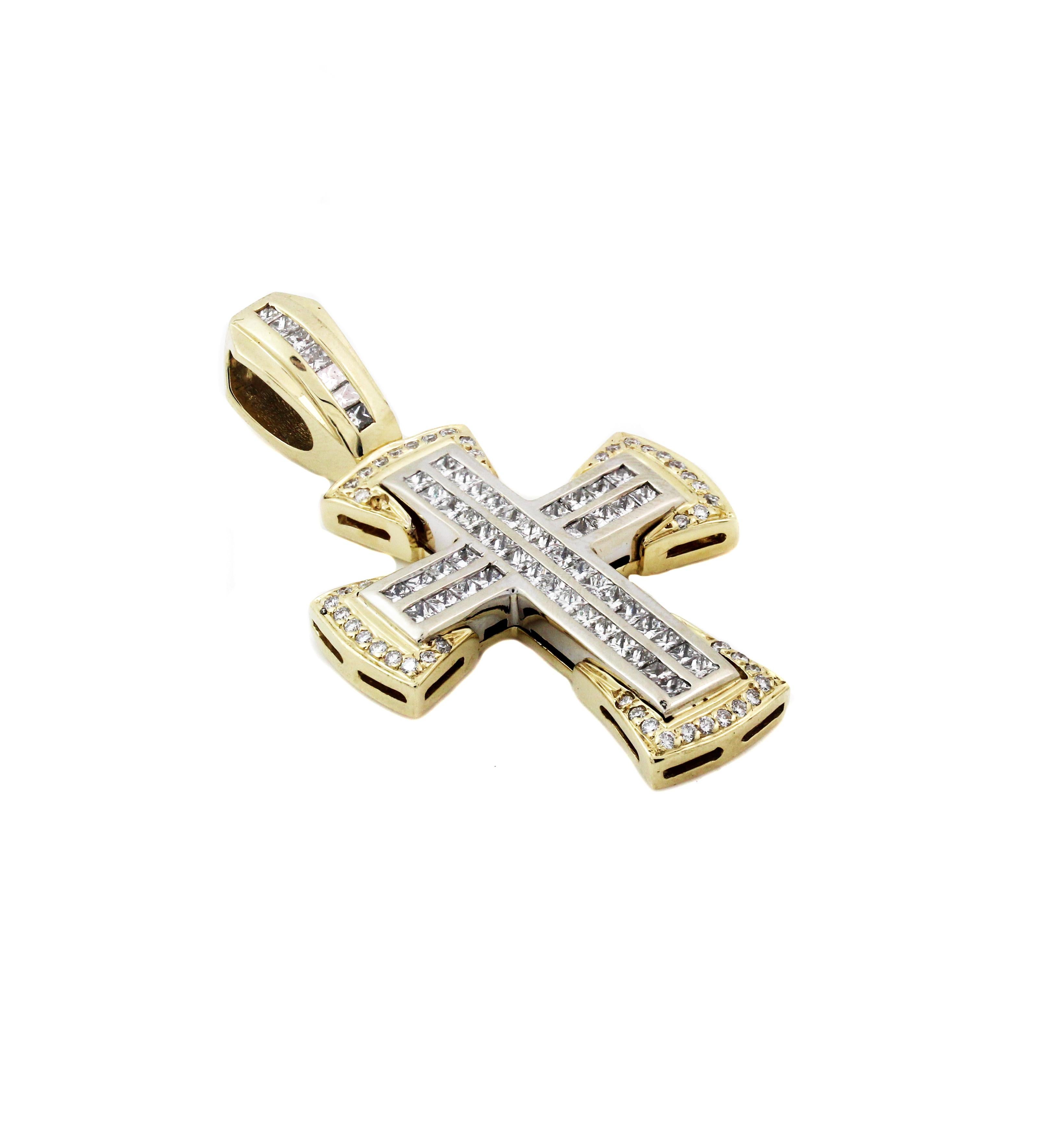 14K Yellow and White Gold Cross Pendant with Princess and Round cut diamonds

2.25 carat diamonds total weight

Pendant is 2.25 inch length x 1.3 inch width