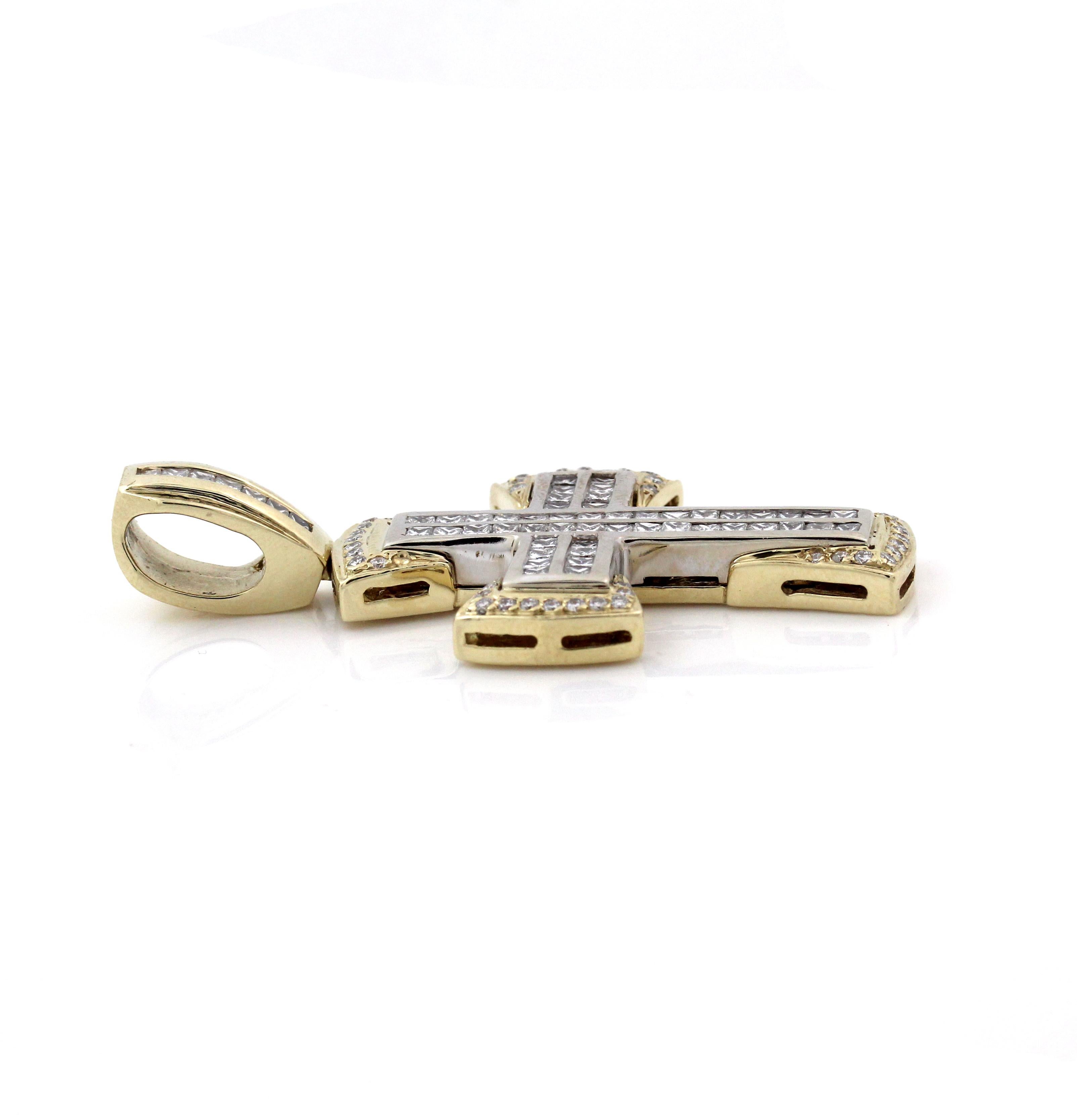 Princess Cut Diamond Cross Pendant Yellow and White Gold In Excellent Condition In Boca Raton, FL