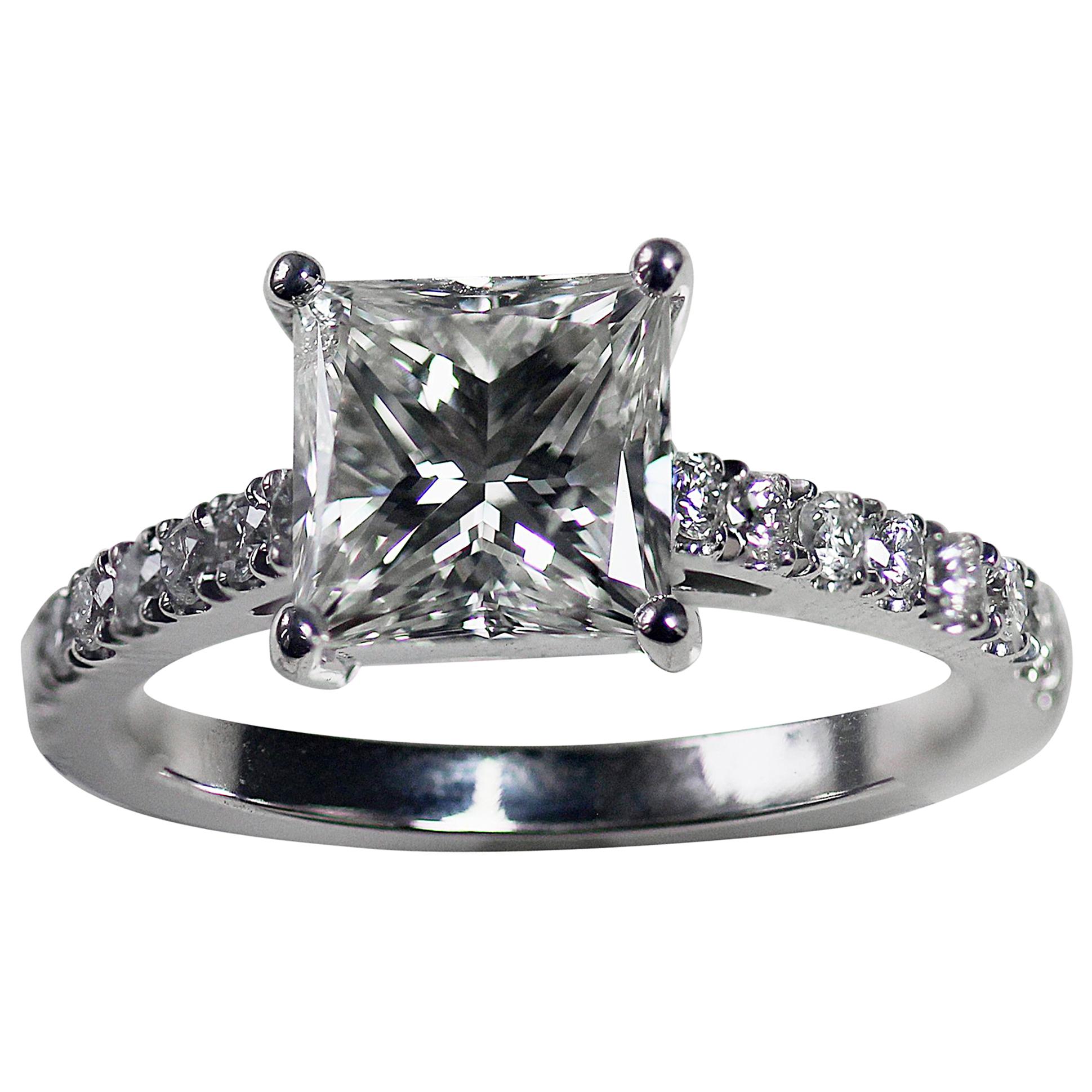 Princess Cut Diamond Engagement Ring, 1.4 + Carat TW, 18 Karat White Gold For Sale