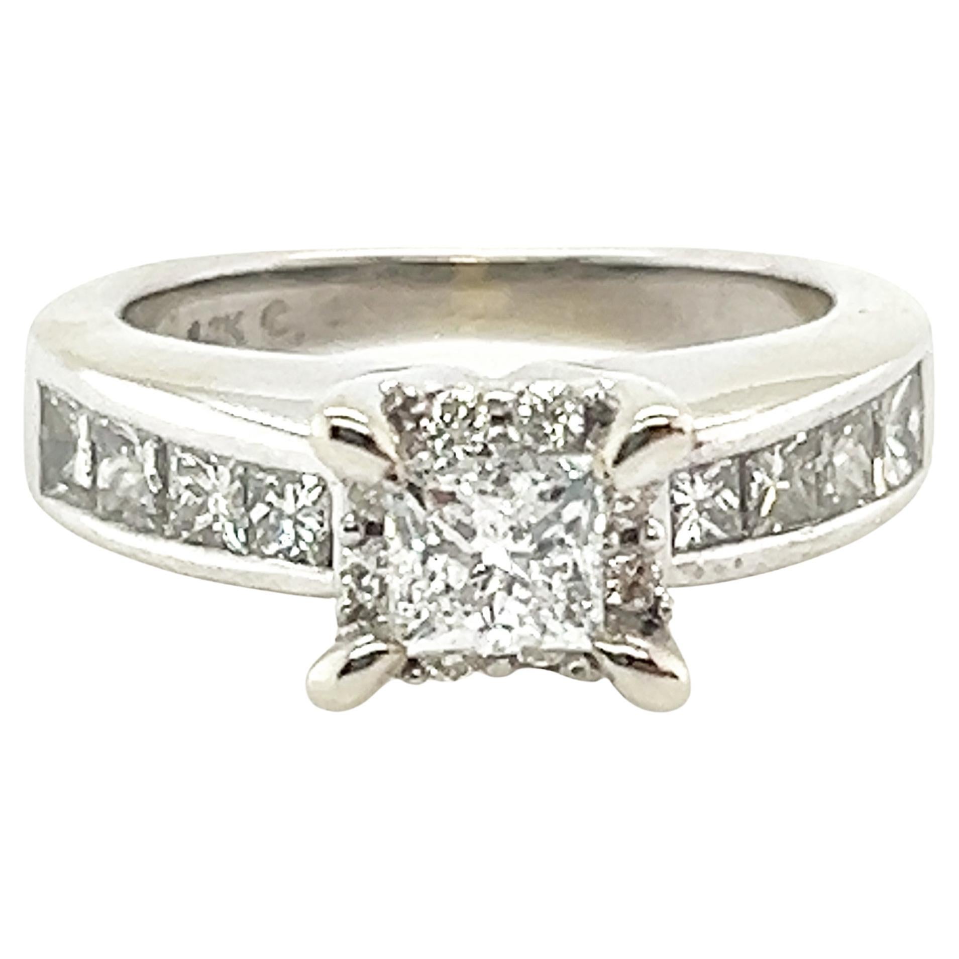 Princess Cut Diamond Engagement Ring Over 1.00ct Mined Diamonds 14K White Gold For Sale