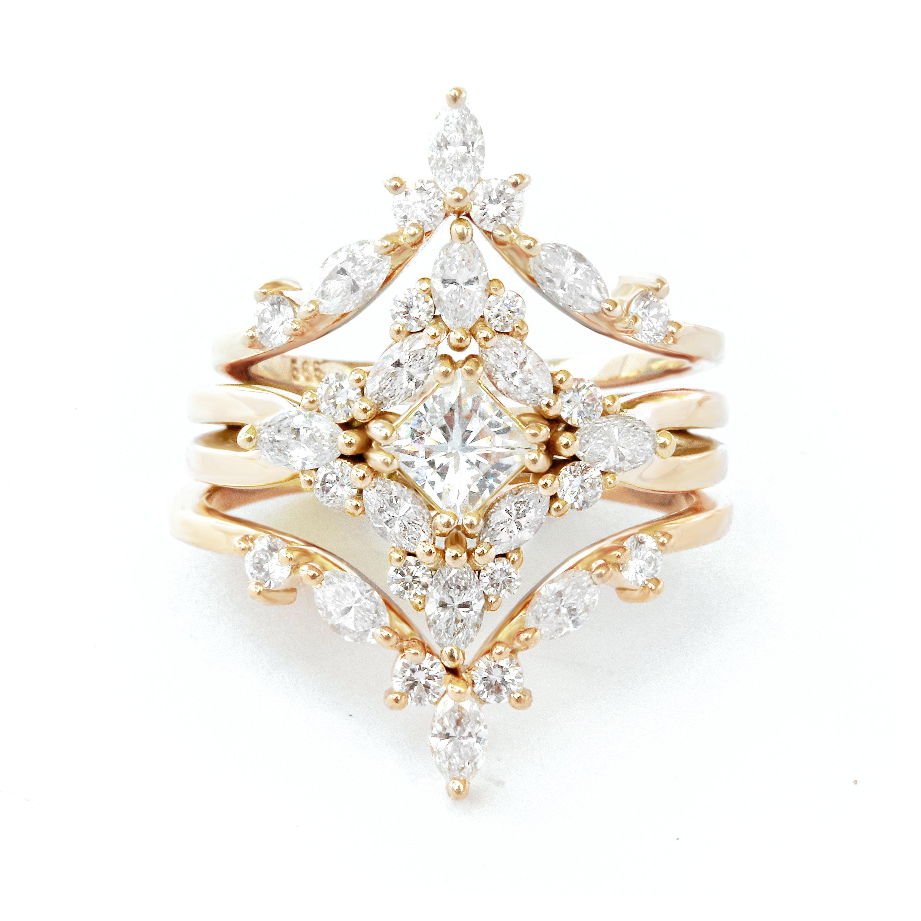 Art Deco Princess Cut Diamond Engagement Ring, Three Rings Set - Altair and Two Iceland For Sale