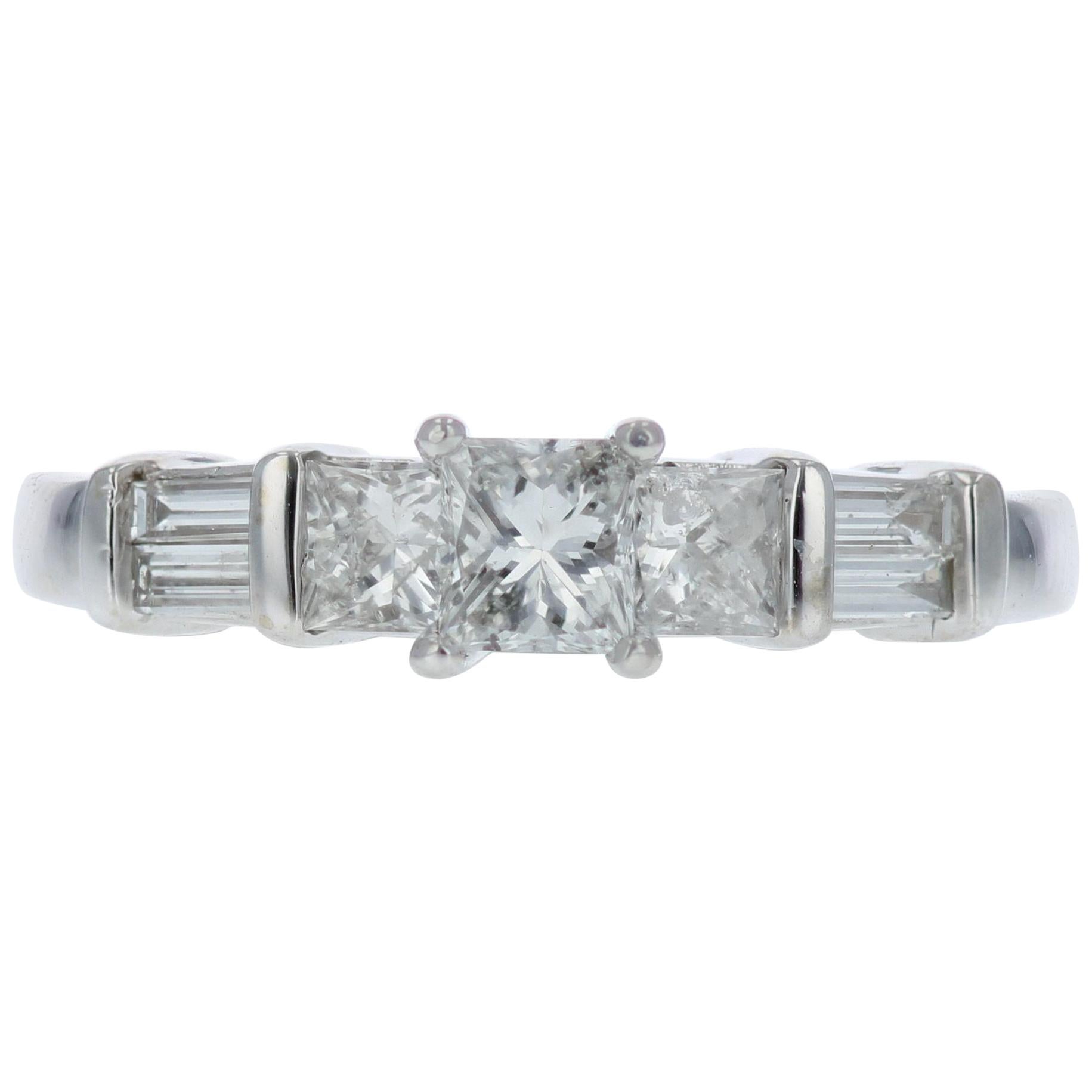 Princess-Cut Diamond Engagement Ring with Baguette Diamond Details For Sale