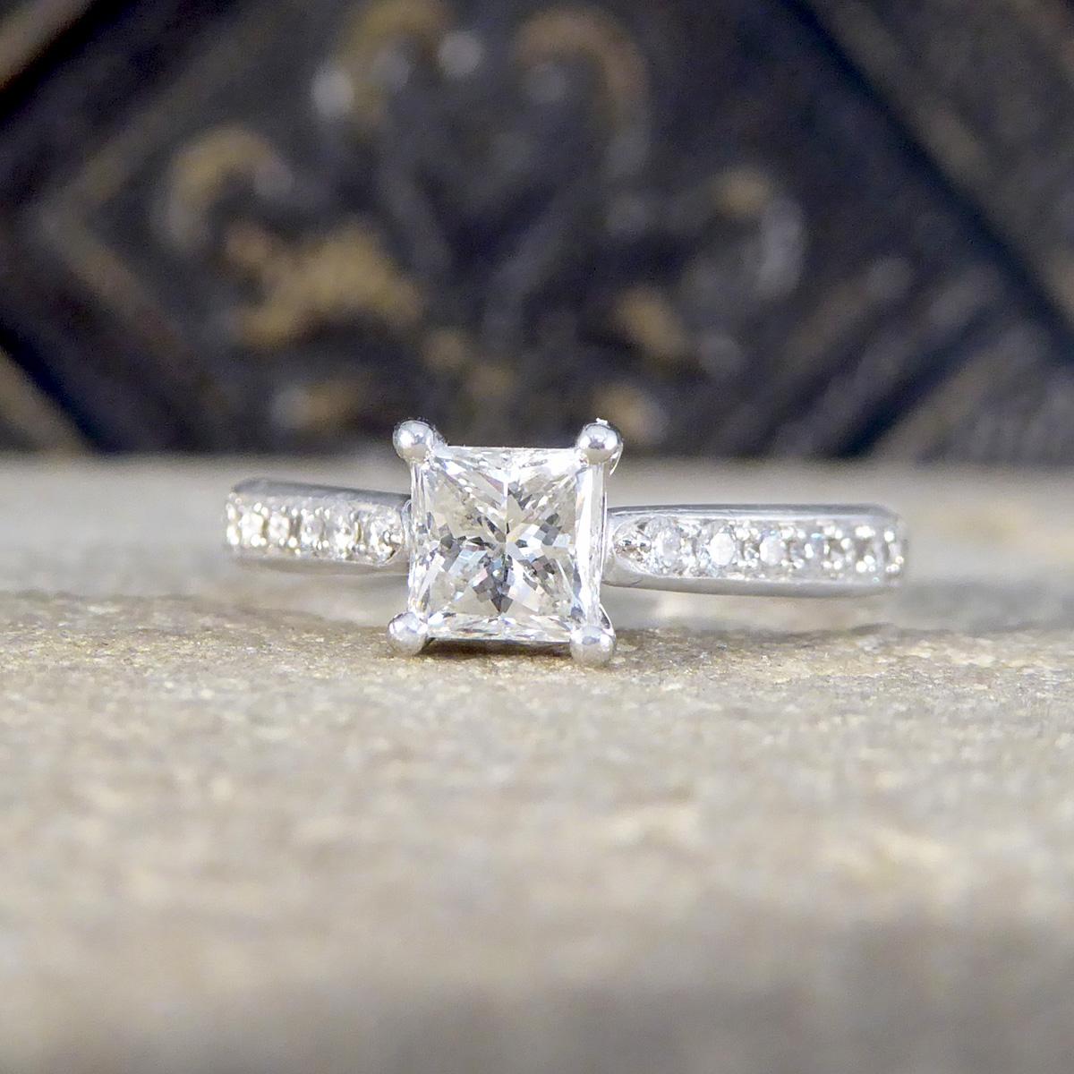 Women's Princess Cut Diamond Engagement Ring with Diamond Set Shoulders in Platinum For Sale