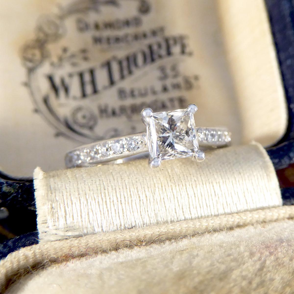 Princess Cut Diamond Engagement Ring with Diamond Set Shoulders in Platinum For Sale 3
