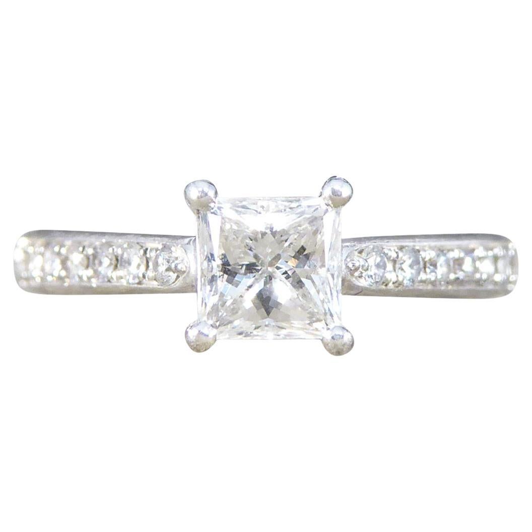 Princess Cut Diamond Engagement Ring with Diamond Set Shoulders in Platinum For Sale