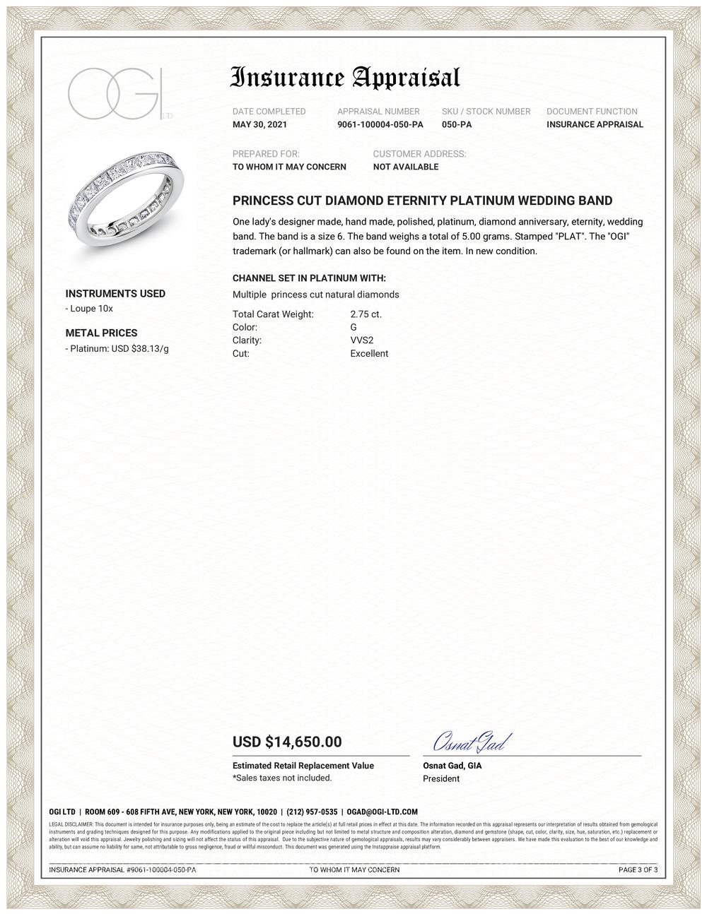 Princess cut diamond platinum channel set eternity wedding or anniversary ring 
Princess cut diamond weighing 2.75 carat 
Width 3.5mm
New ring 
Diamond quality G VS 
Ring size 6 In Stock
The ring cannot be sized
Handmade in the USA
