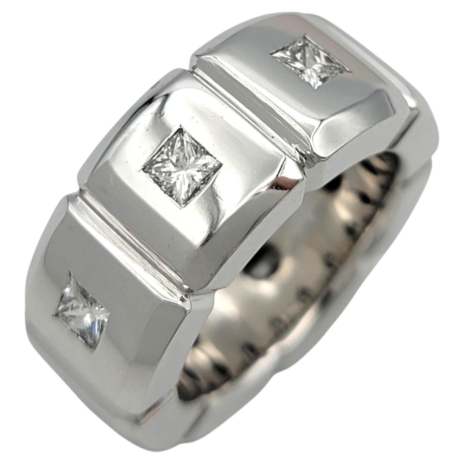 Princess Cut Diamond Geometric Sectioned Wide Band Ring in 18 Karat White Gold