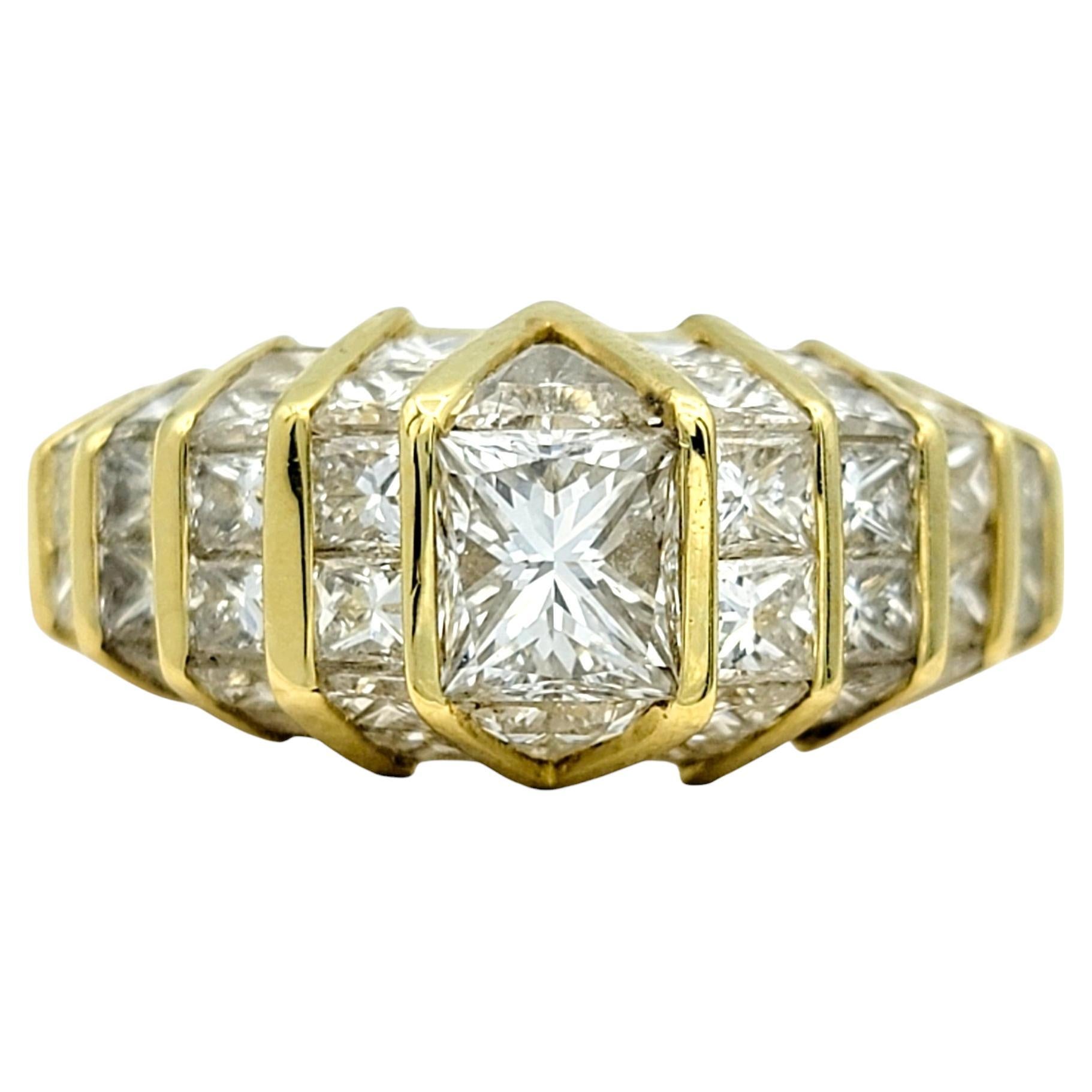 Princess Cut Diamond Graduated Geometric Domed Band Ring in 18 Karat Yellow Gold