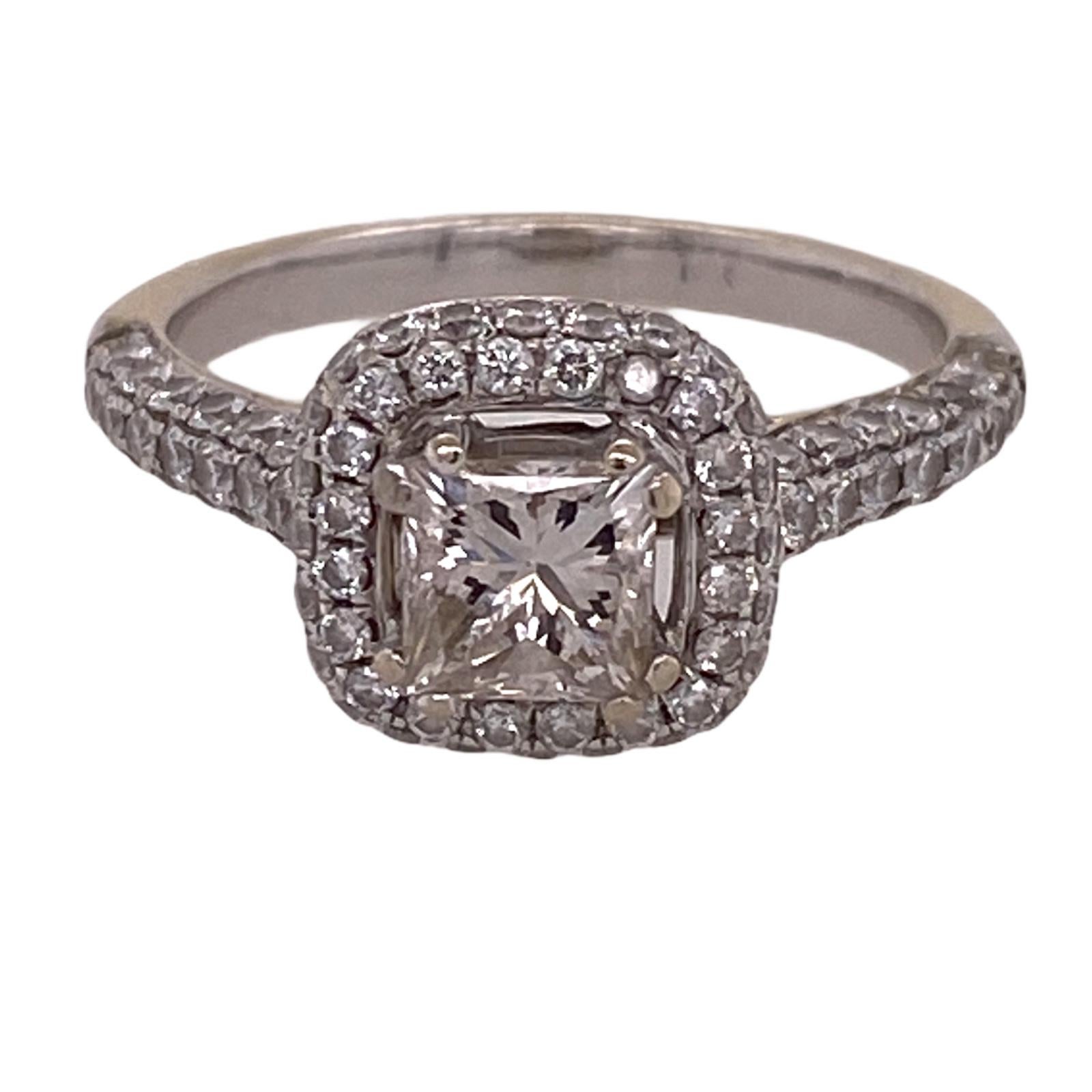 Princess Cut Diamond Halo 18 Karat White Gold Engagement Ring In Excellent Condition In Boca Raton, FL