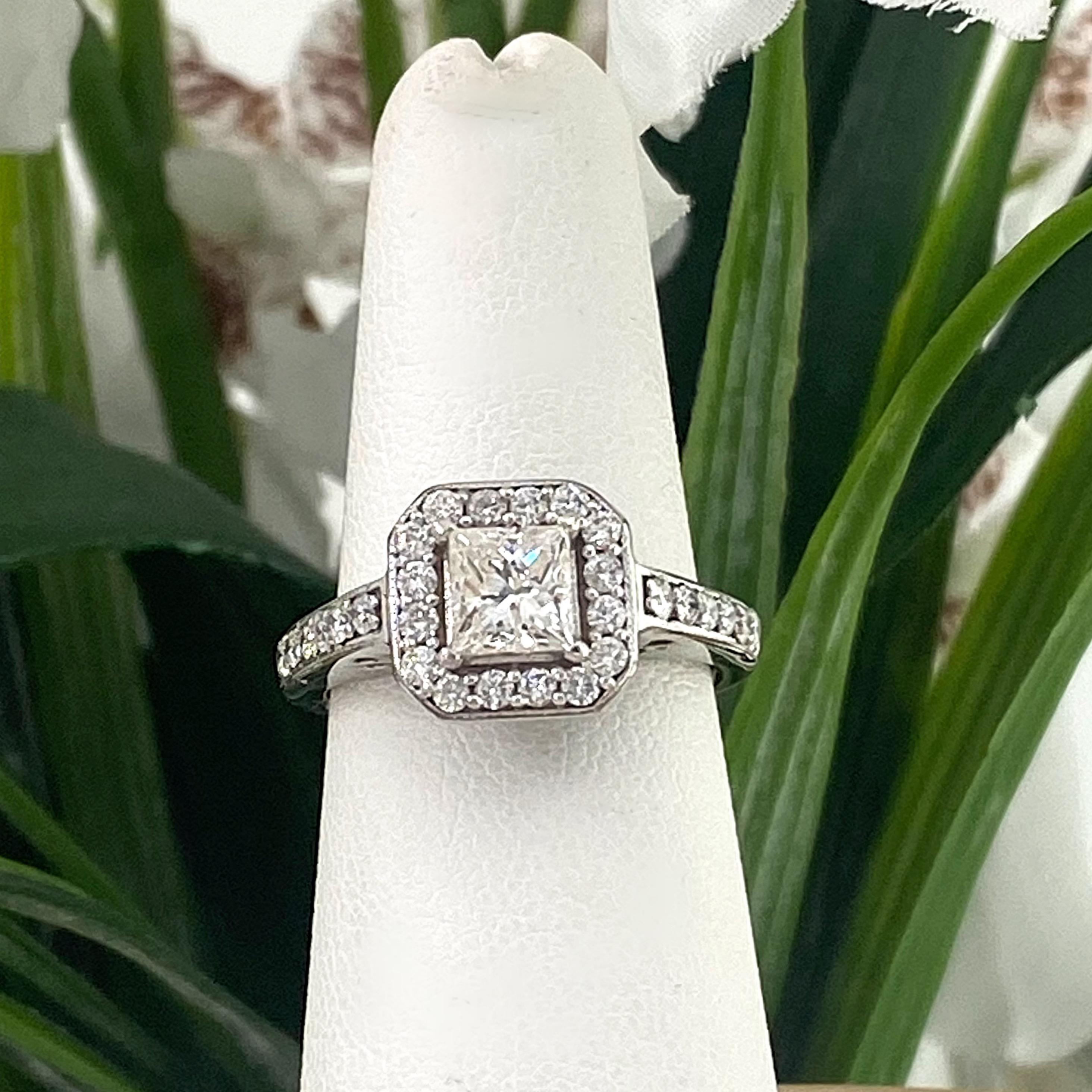 Princess Cut Diamond Halo Engagement Ring 1.45 Tcw 14kt White Gold For Sale 3