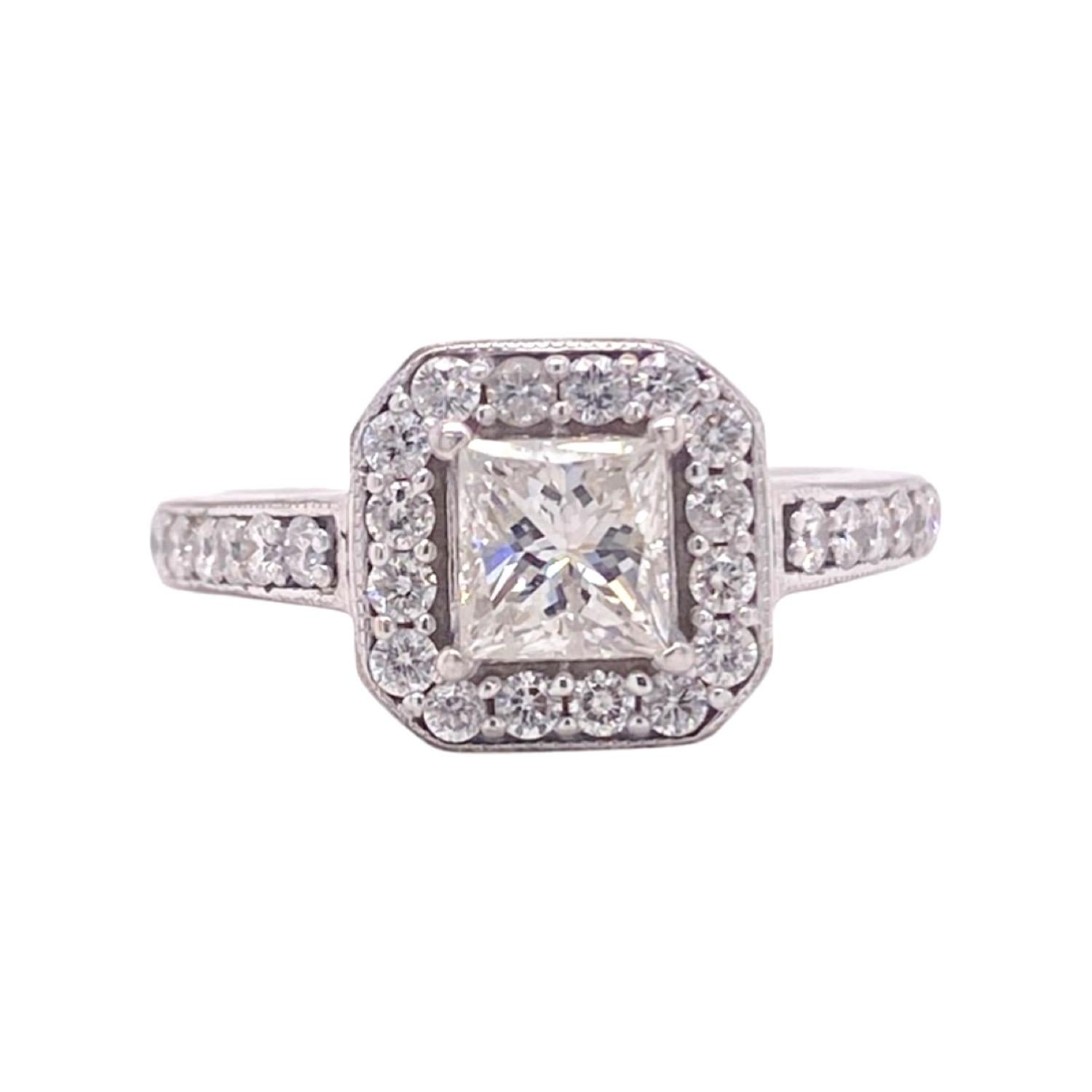 Princess Cut Diamond Halo Engagement Ring 1.45 Tcw 14kt White Gold For Sale 1