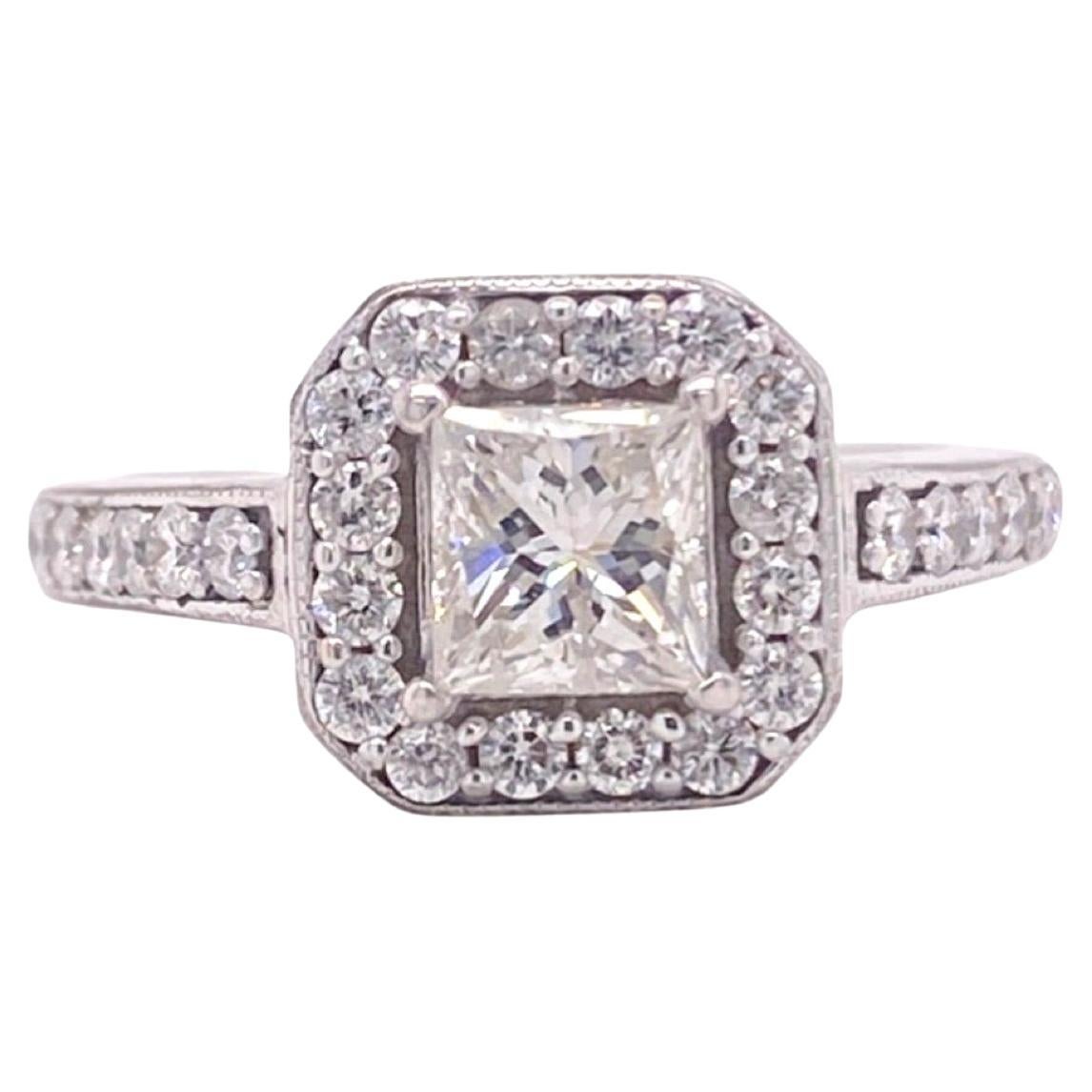 Princess Cut Diamond Halo Engagement Ring 1.45 Tcw 14kt White Gold For Sale