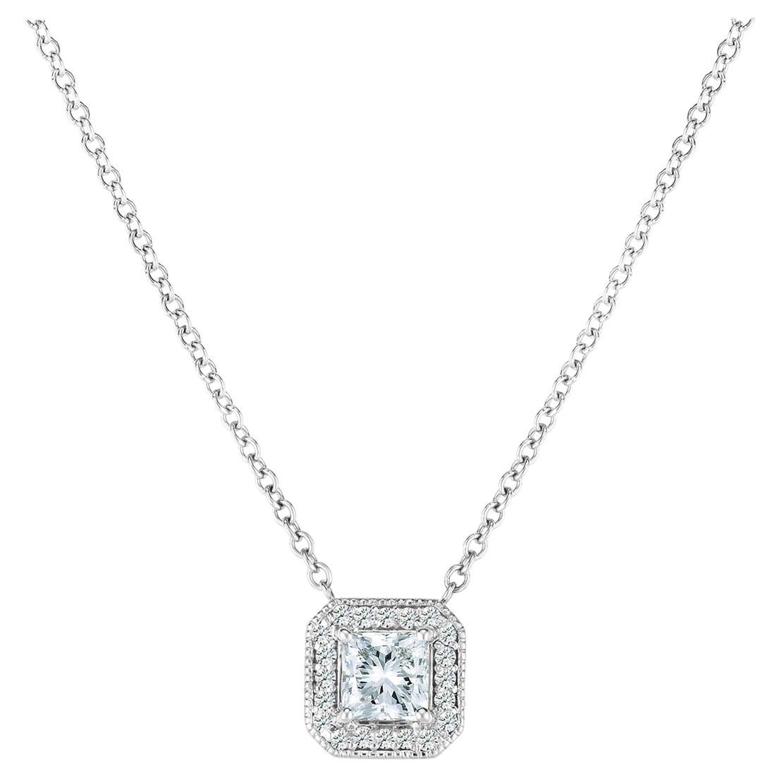 Princess Cut Pendant Conflict Free Diamond Halo in 14 Karat with chain For Sale