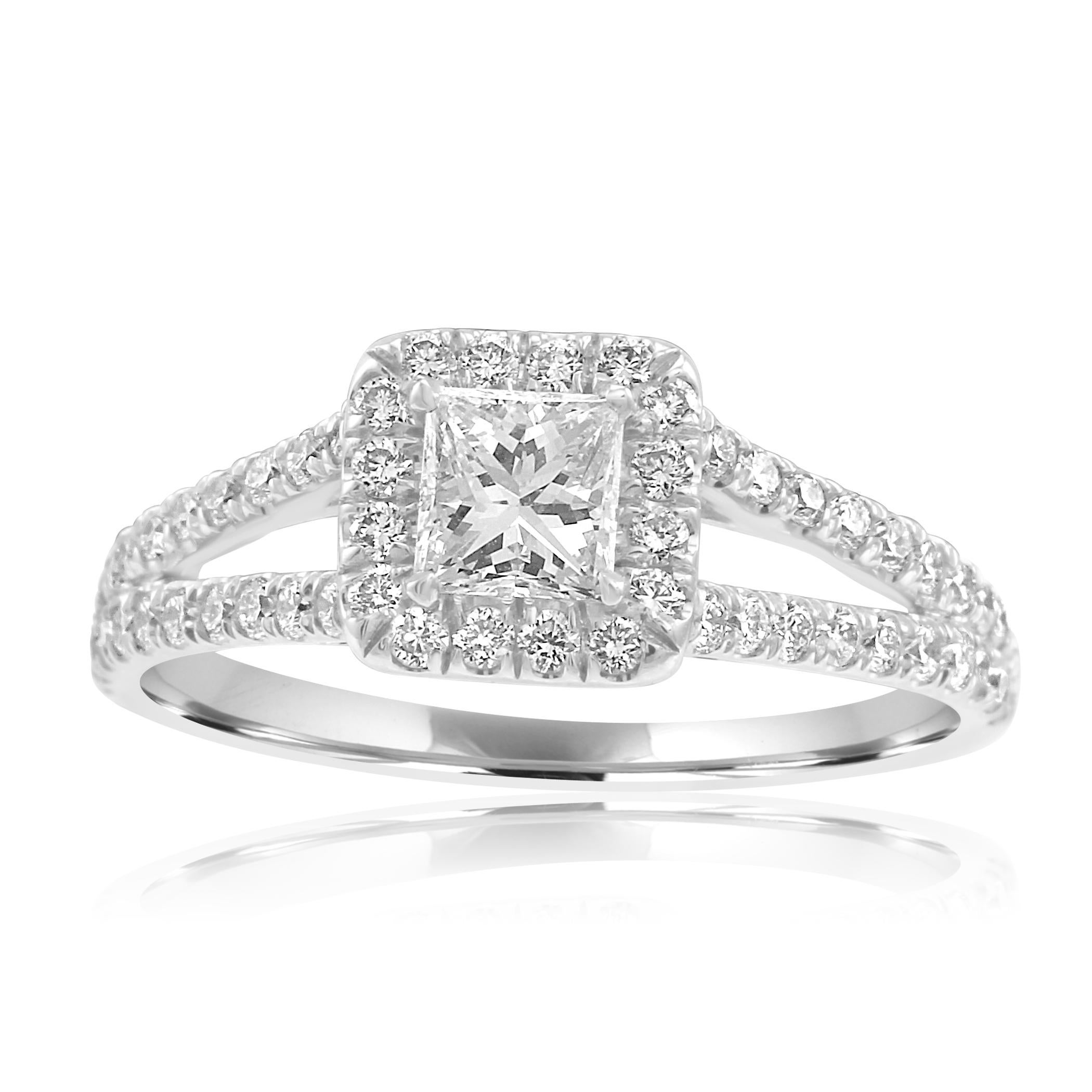 Gorgeous White Princess Cut Diamond G-H Color SI Clarity 0.42 Carat encircled in a Single Halo of White G-H Color VS-SI Clarity 0.50 Carat Round Diamonds in classy split shank 18K White Gold Bridal Fashion Ring.

Total Diamond Weight 0.92 Carat
MADE