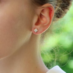 Princess Cut Diamond Halo Stud Earrings Set in 18k Yellow Gold