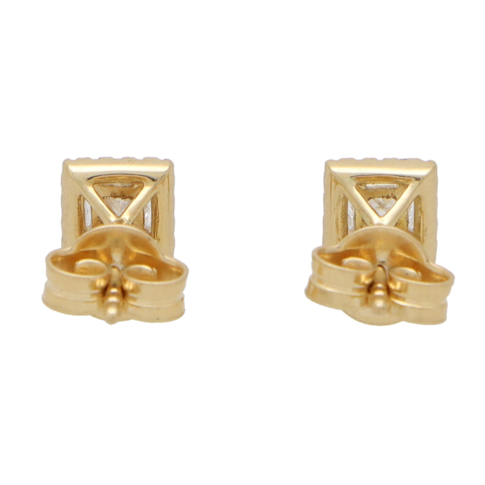 Princess Cut Diamond Halo Stud Earrings Set in 18k Yellow Gold  For Sale 2