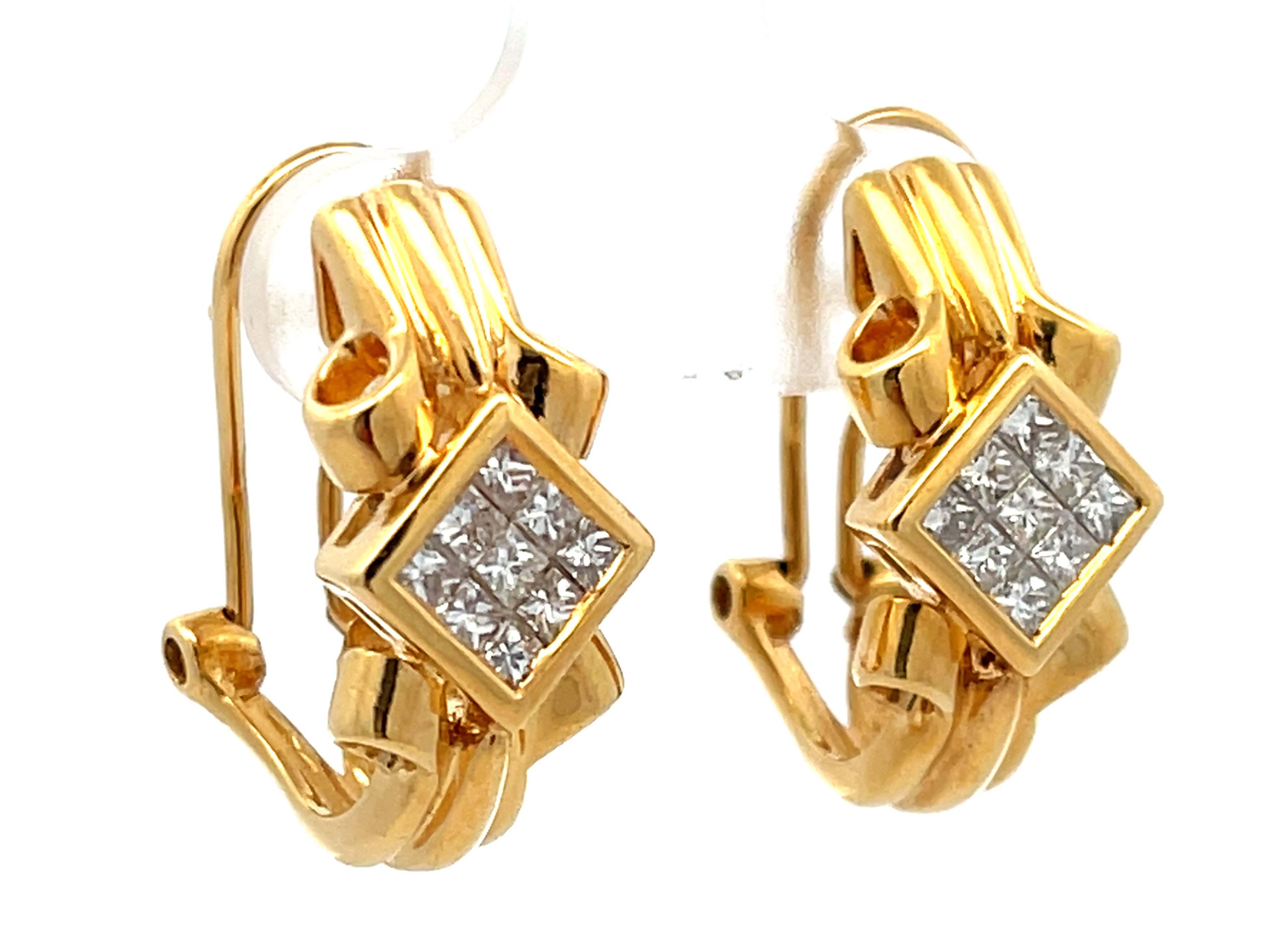 Modern Princess Cut Diamond Huggie Earrings in 18k Yellow Gold For Sale
