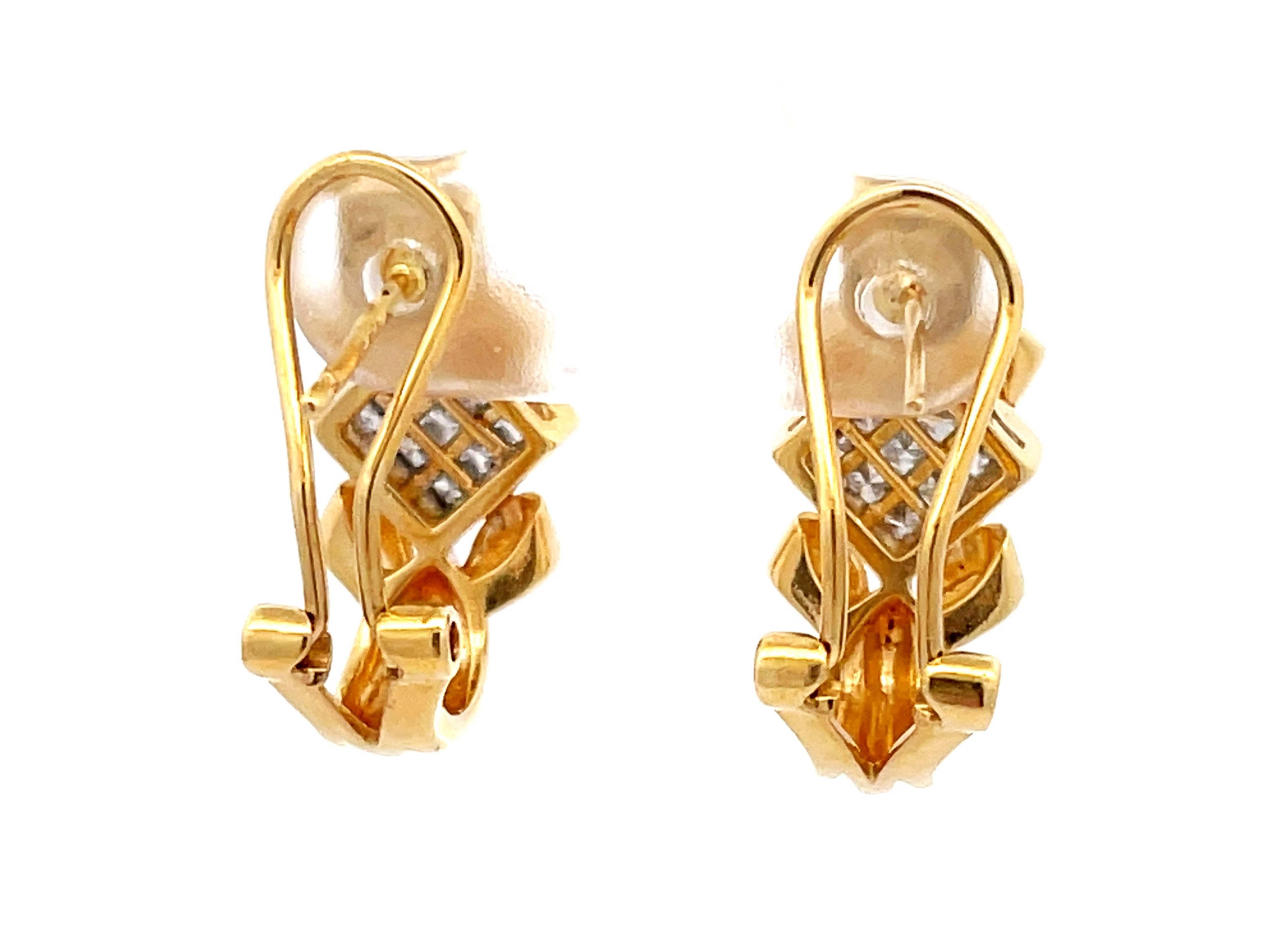 Princess Cut Diamond Huggie Earrings in 18k Yellow Gold For Sale 2