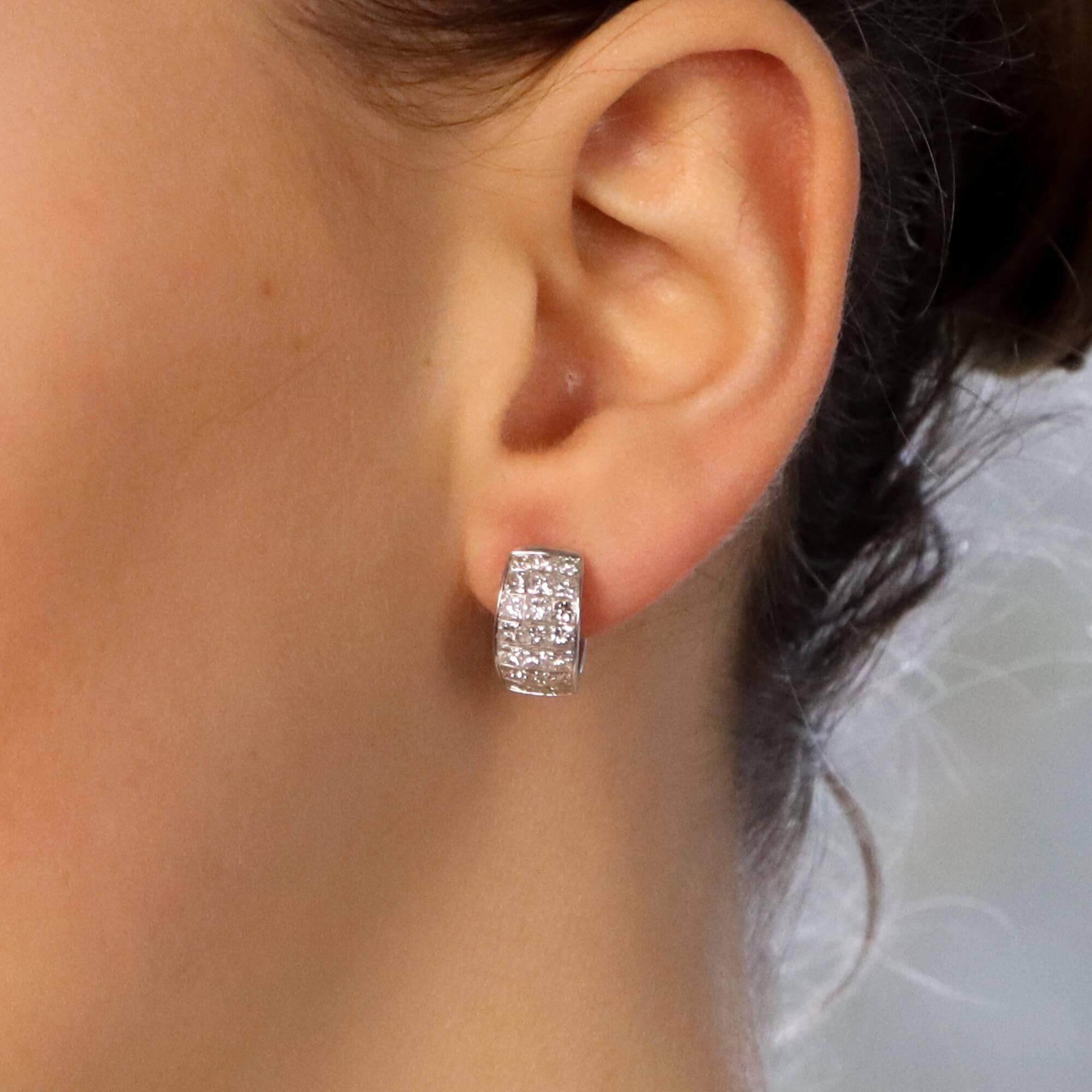 Princess Cut Diamond Huggie Hoop Earrings Set in 18k White Gold at 1stDibs diamond huggie