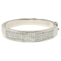 Princess Cut Diamond Invisible Set Hinged Bangle Bracelet 18 Karat White Gold
