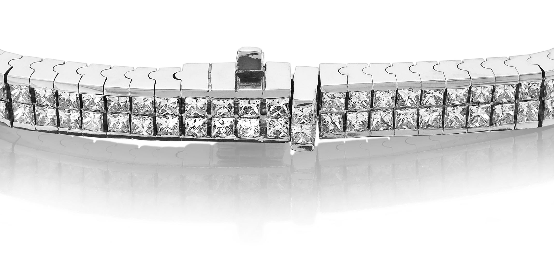 Princess Cut Diamond Double-Row Tennis Bracelet, Invisible set 18K White Gold  For Sale 1