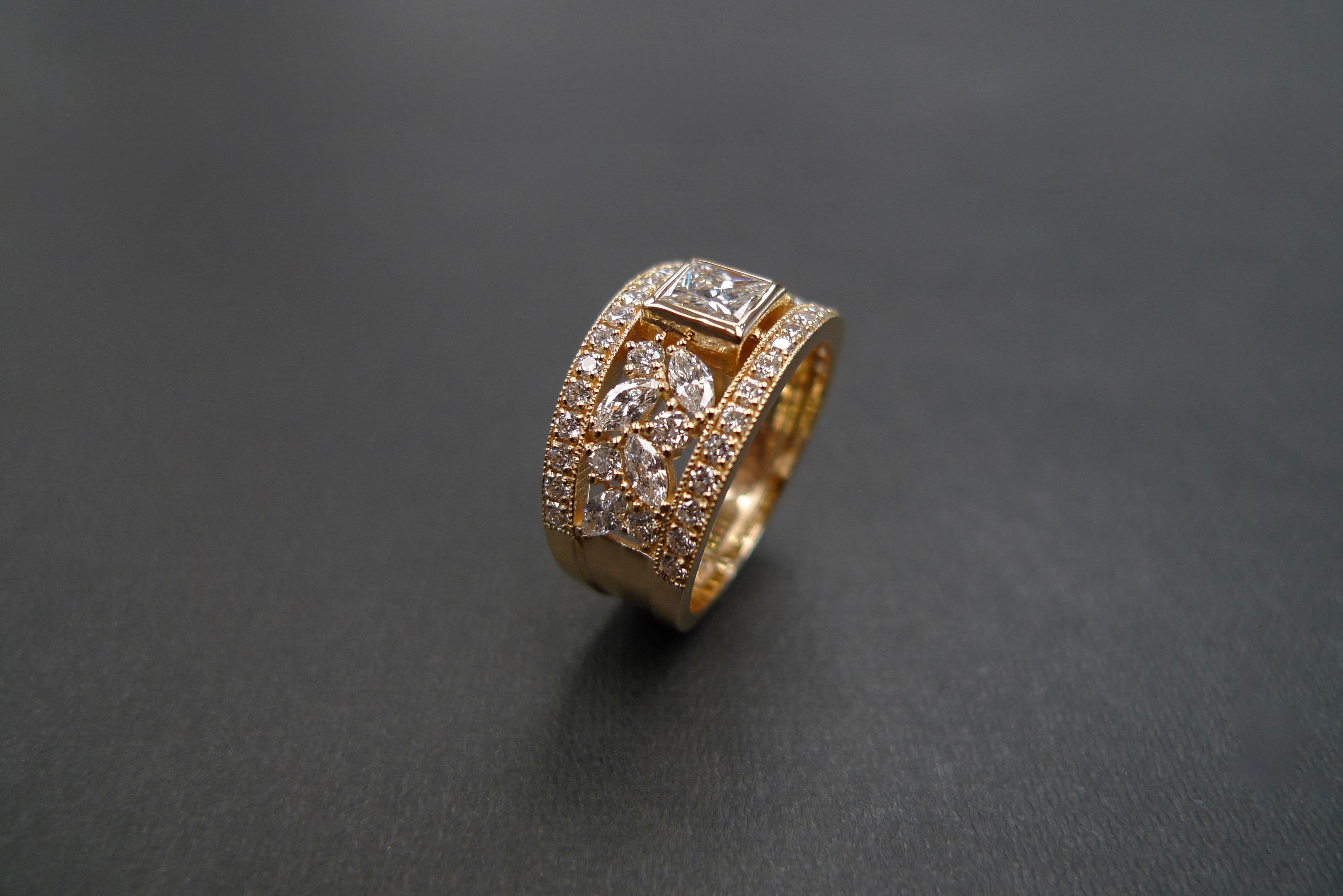 For Sale:  Princess Cut Diamond, Marquise Cut Diamond Unique Ring 18K Yellow Gold 10