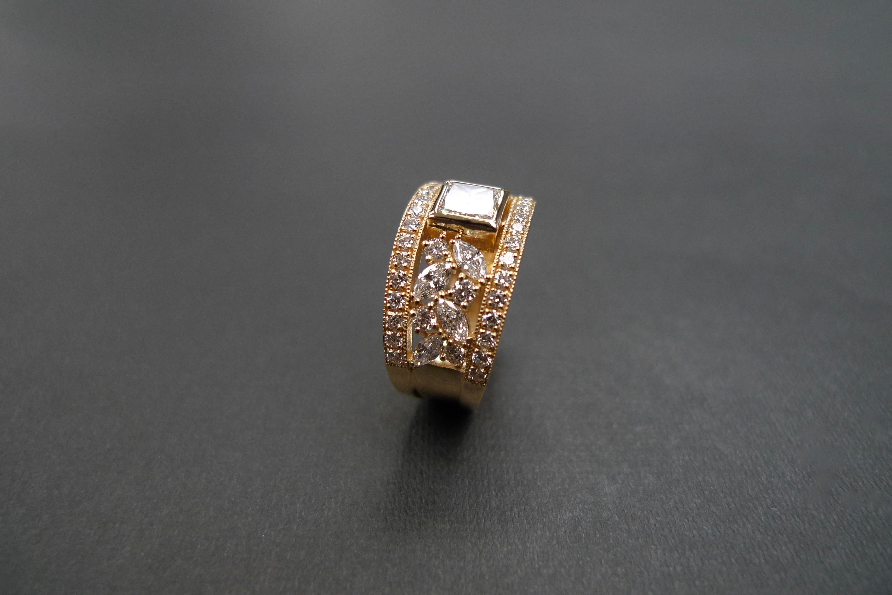 For Sale:  Princess Cut Diamond, Marquise Cut Diamond Unique Ring 18K Yellow Gold 11