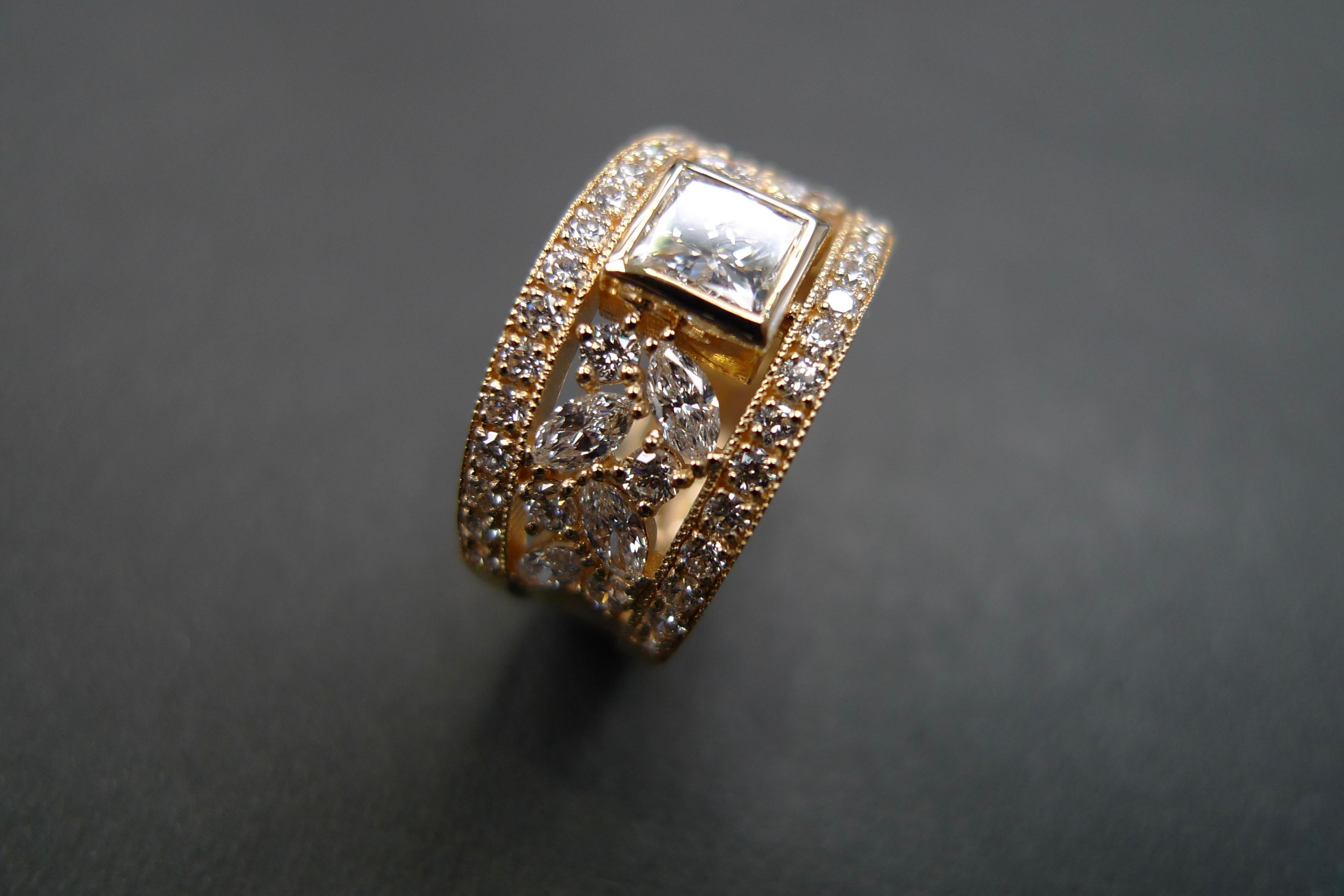 For Sale:  Princess Cut Diamond, Marquise Cut Diamond Unique Ring 18K Yellow Gold 12