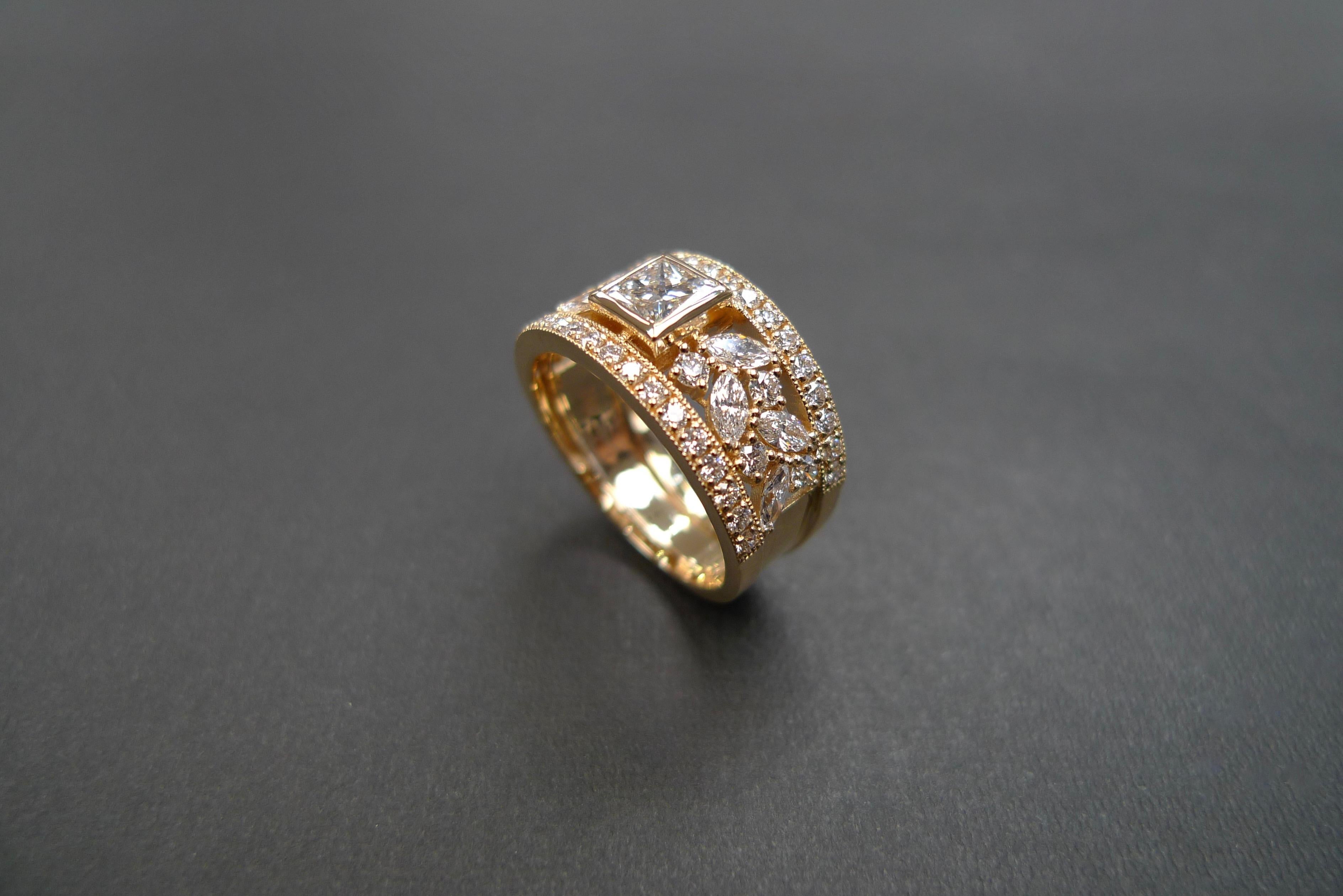 For Sale:  Princess Cut Diamond, Marquise Cut Diamond Unique Ring 18K Yellow Gold 13