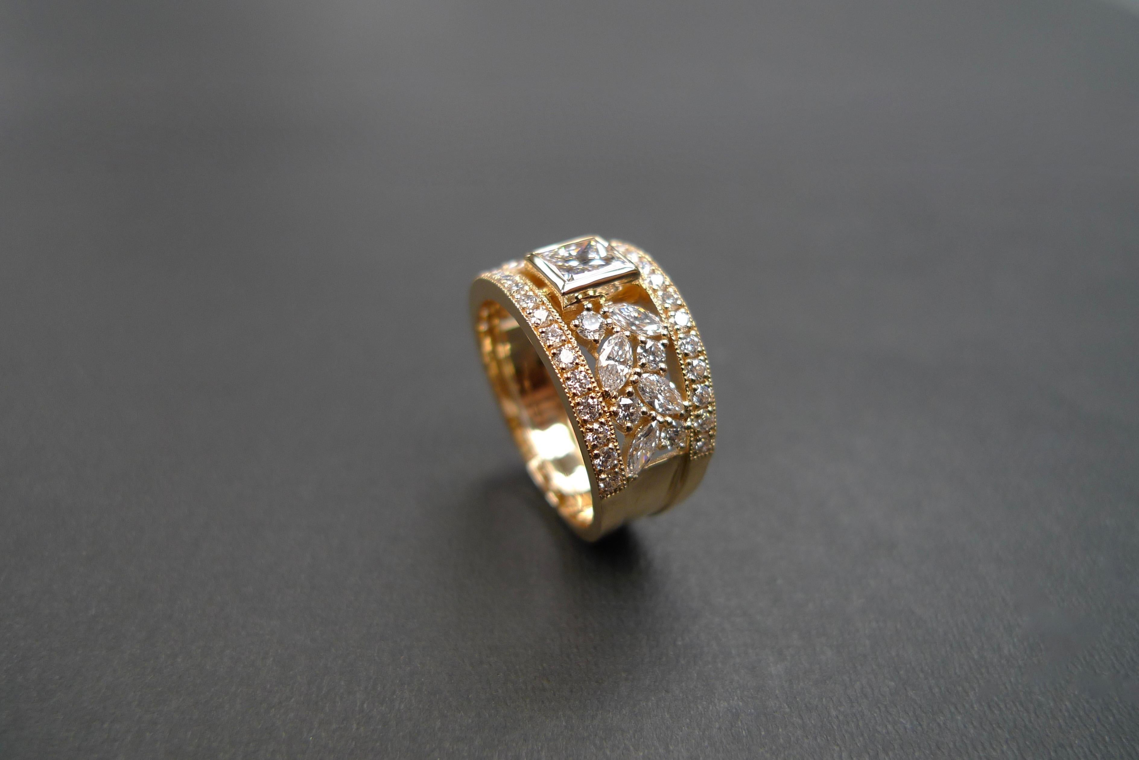 For Sale:  Princess Cut Diamond, Marquise Cut Diamond Unique Ring 18K Yellow Gold 14