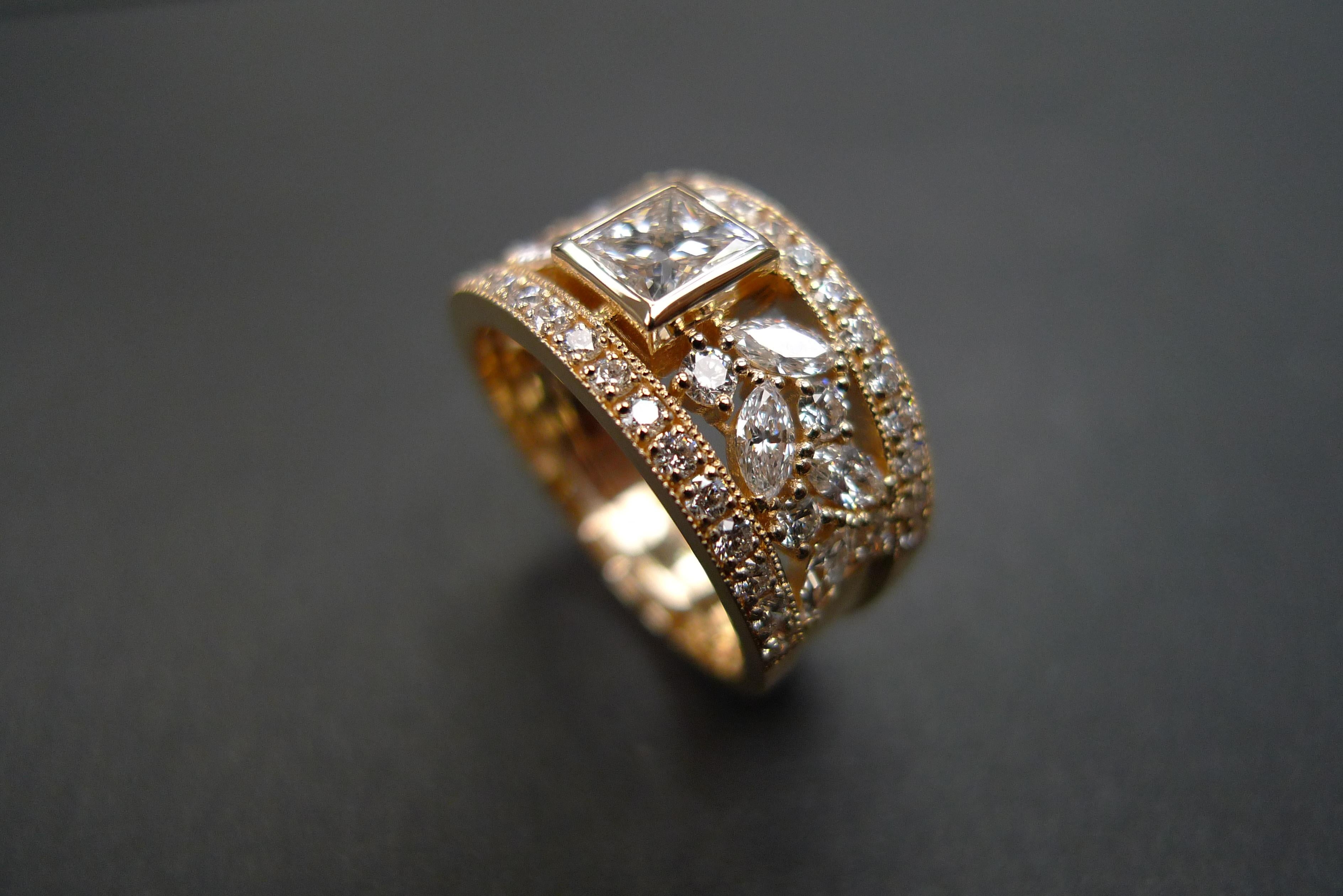 For Sale:  Princess Cut Diamond, Marquise Cut Diamond Unique Ring 18K Yellow Gold 15