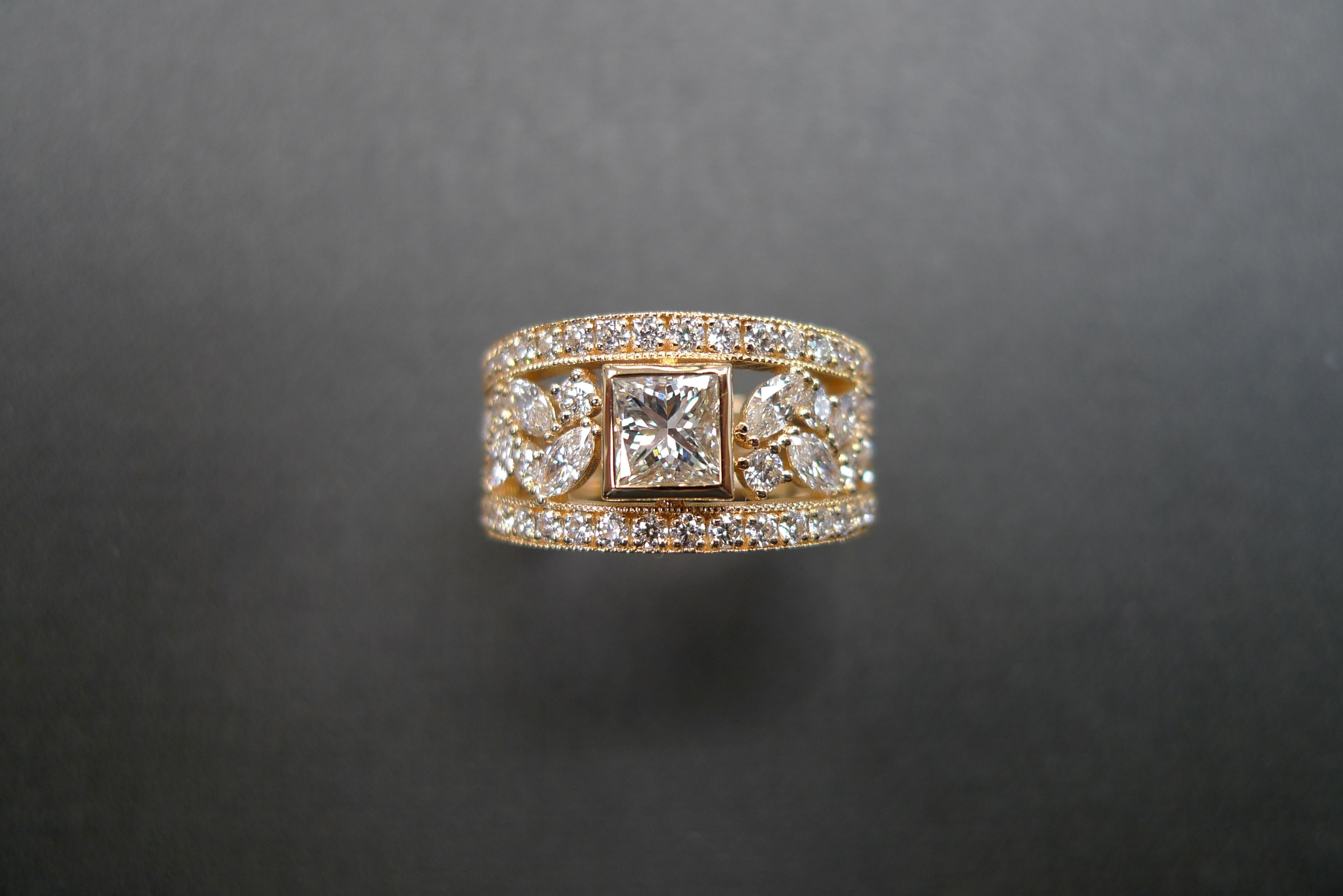 For Sale:  Princess Cut Diamond, Marquise Cut Diamond Unique Ring 18K Yellow Gold 16