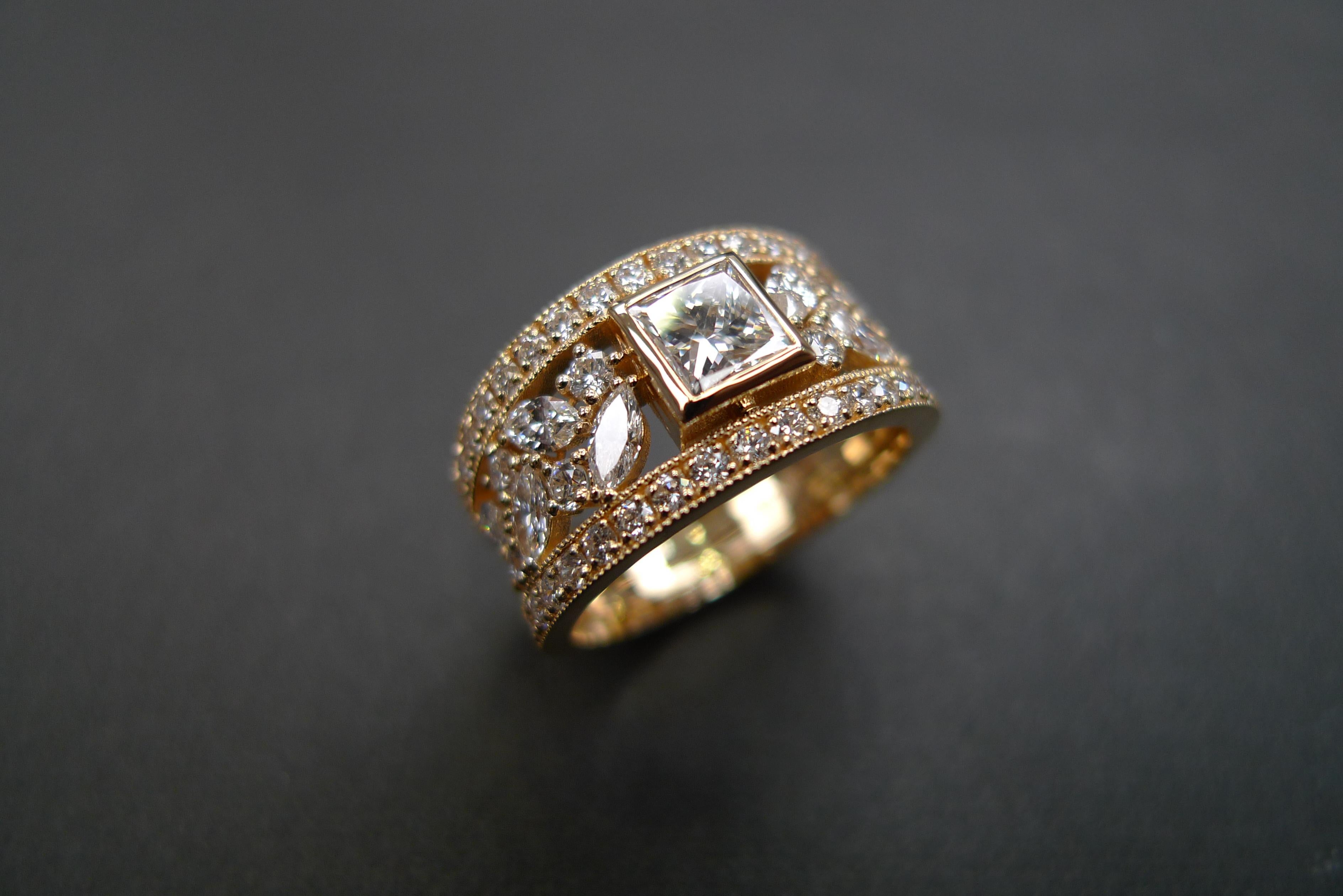 For Sale:  Princess Cut Diamond, Marquise Cut Diamond Unique Ring 18K Yellow Gold 2