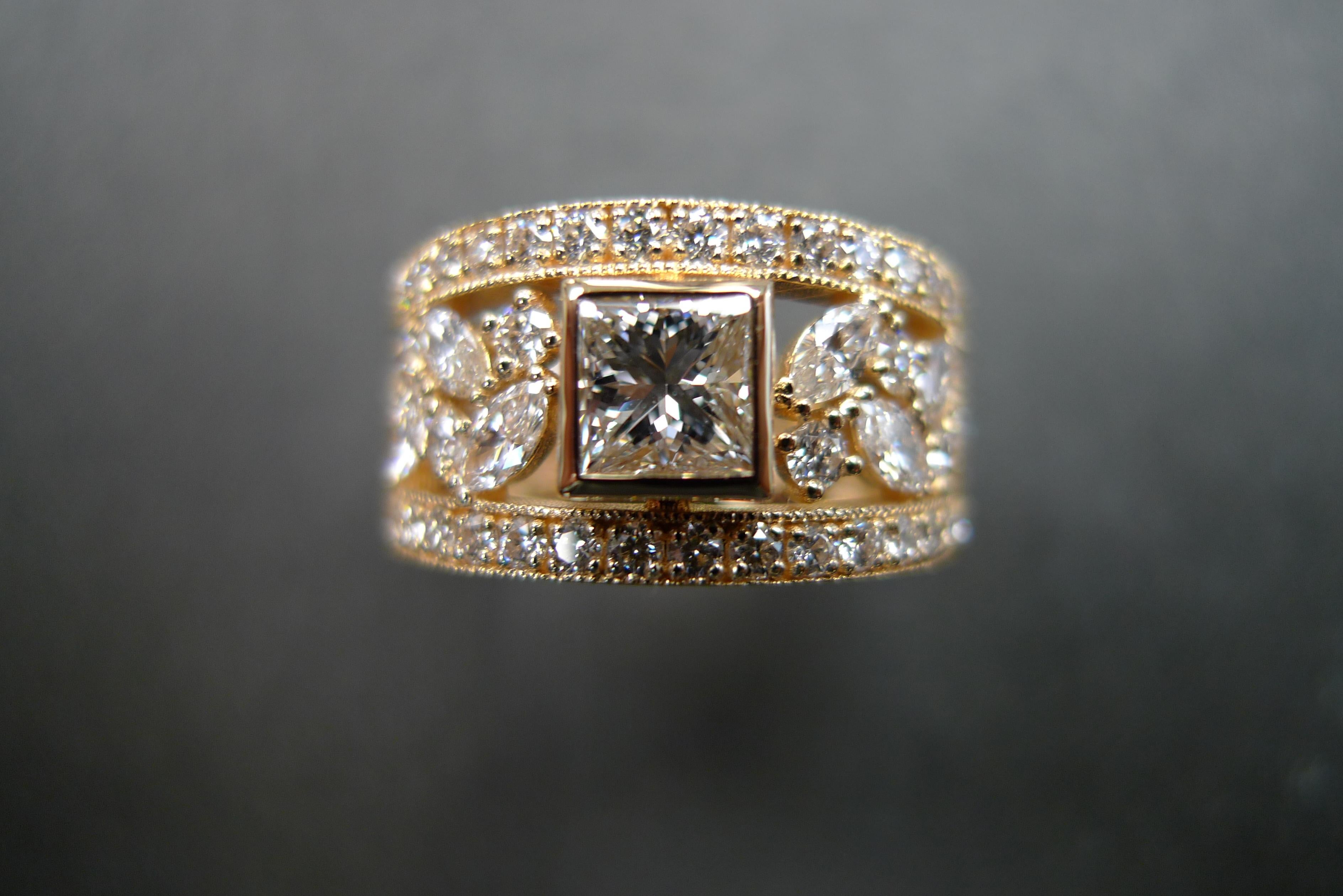 For Sale:  Princess Cut Diamond, Marquise Cut Diamond Unique Ring 18K Yellow Gold 5