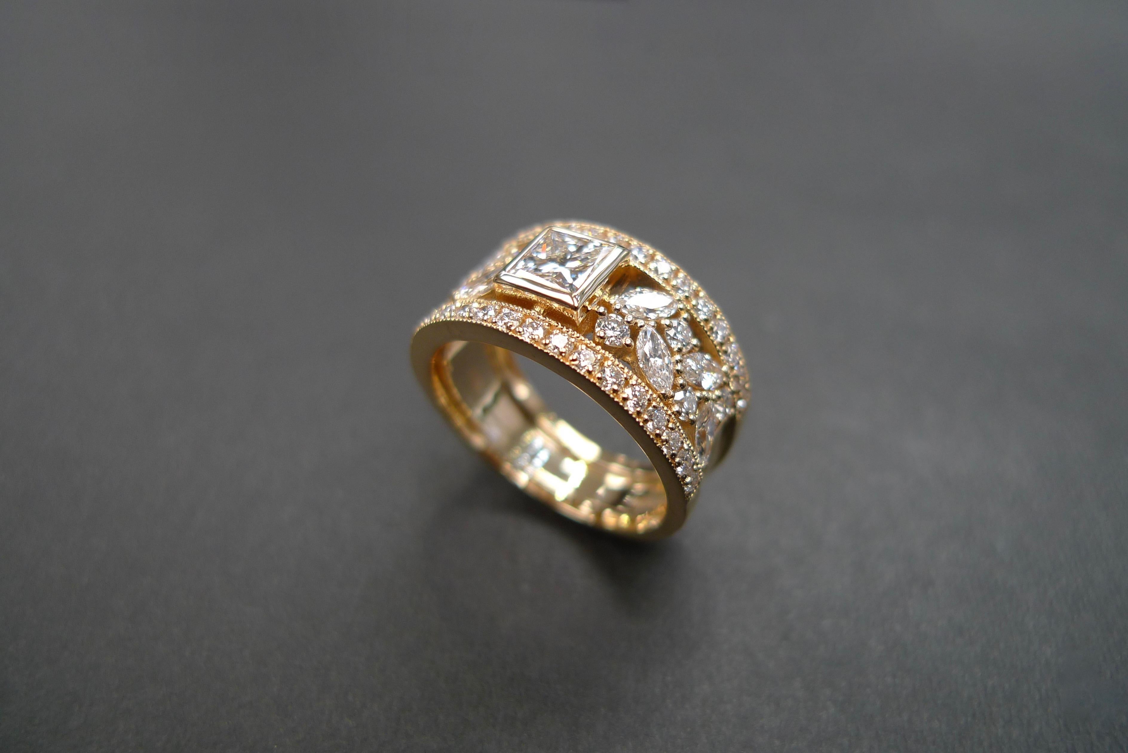 Modern Princess Cut Diamond, Marquise Cut Diamond Unique Ring 18K Yellow Gold For Sale