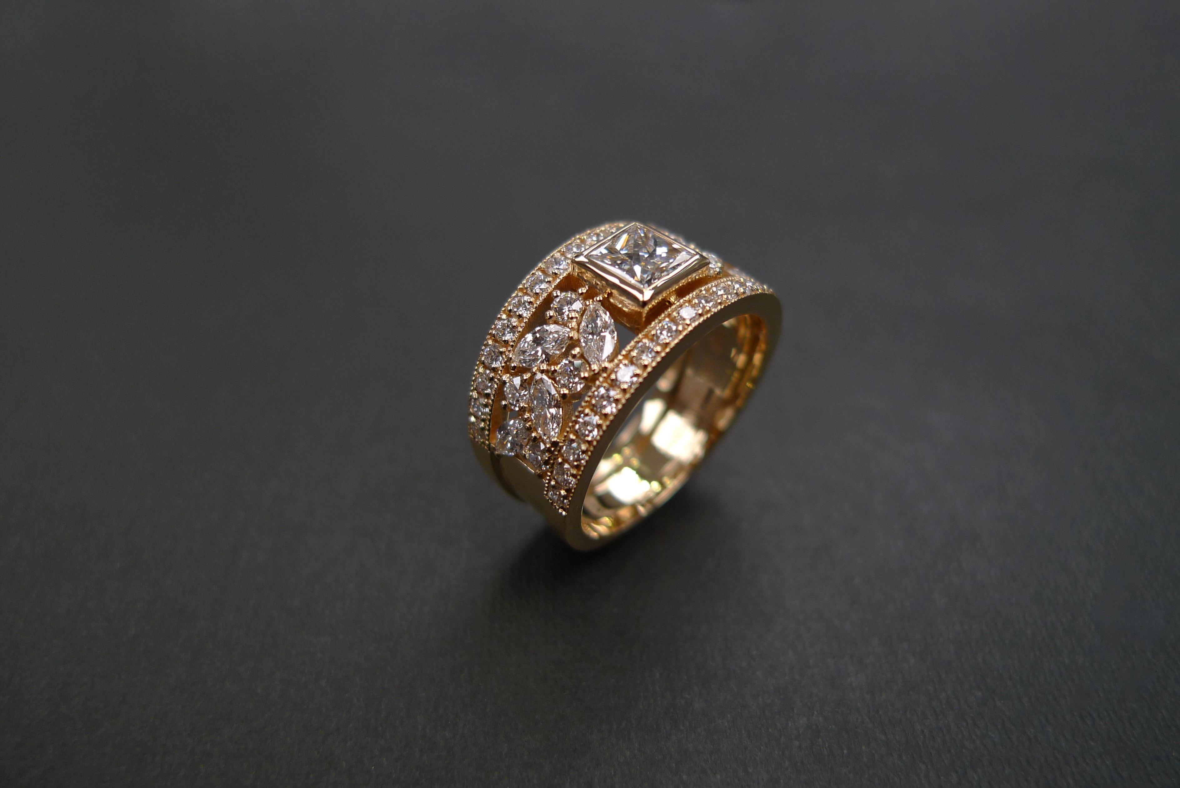 For Sale:  Princess Cut Diamond, Marquise Cut Diamond Unique Ring 18K Yellow Gold 7