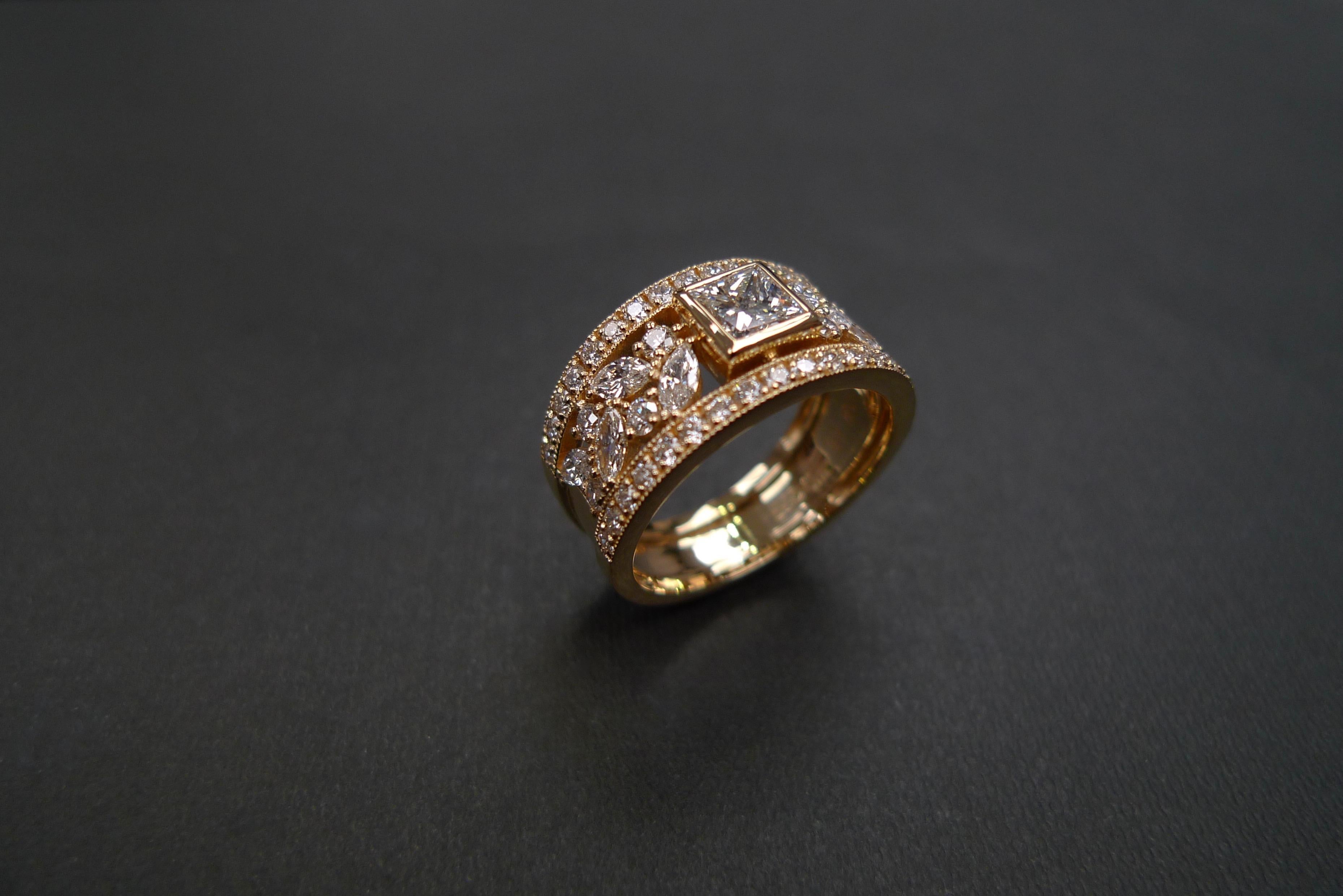 For Sale:  Princess Cut Diamond, Marquise Cut Diamond Unique Ring 18K Yellow Gold 8