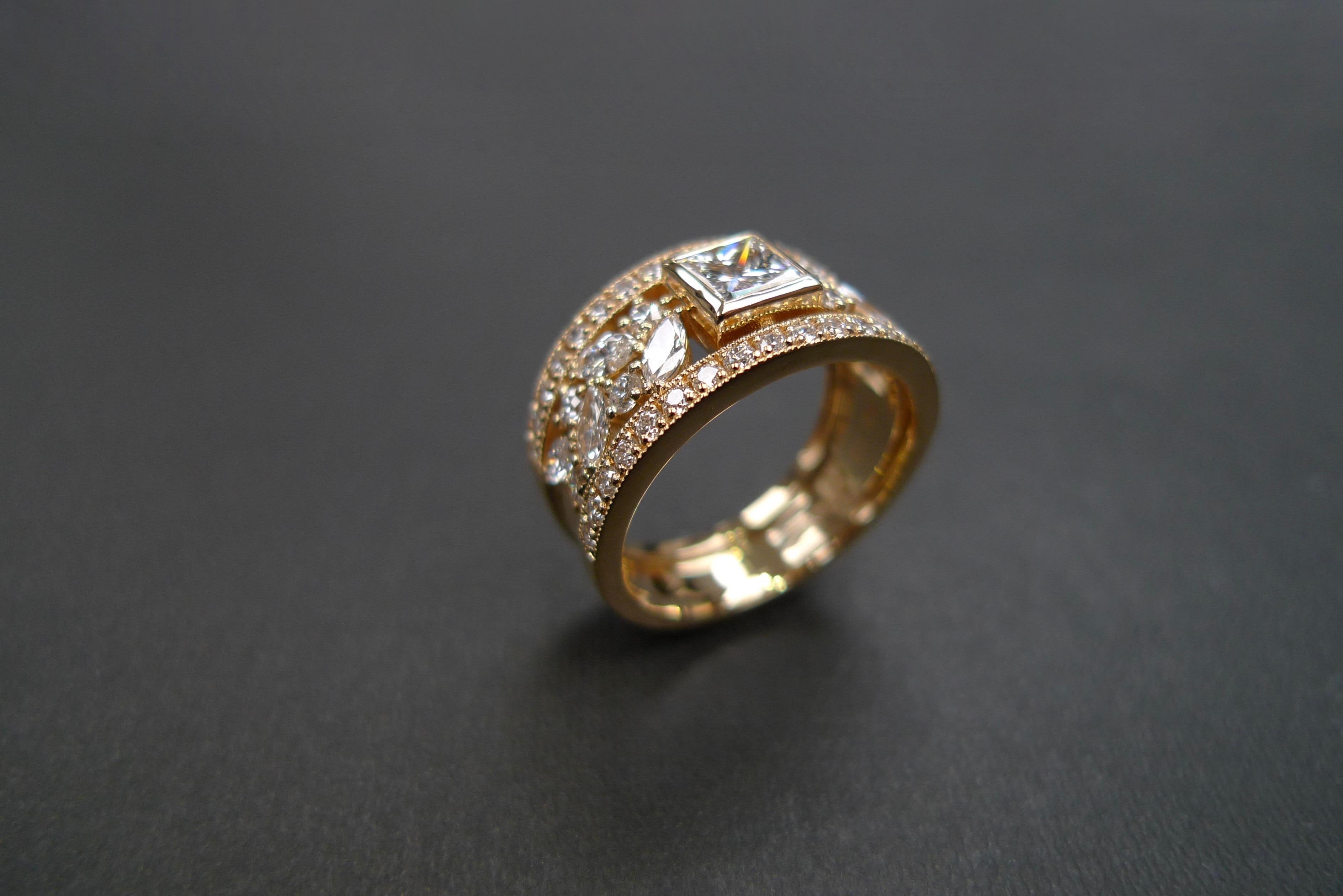 For Sale:  Princess Cut Diamond, Marquise Cut Diamond Unique Ring 18K Yellow Gold 9